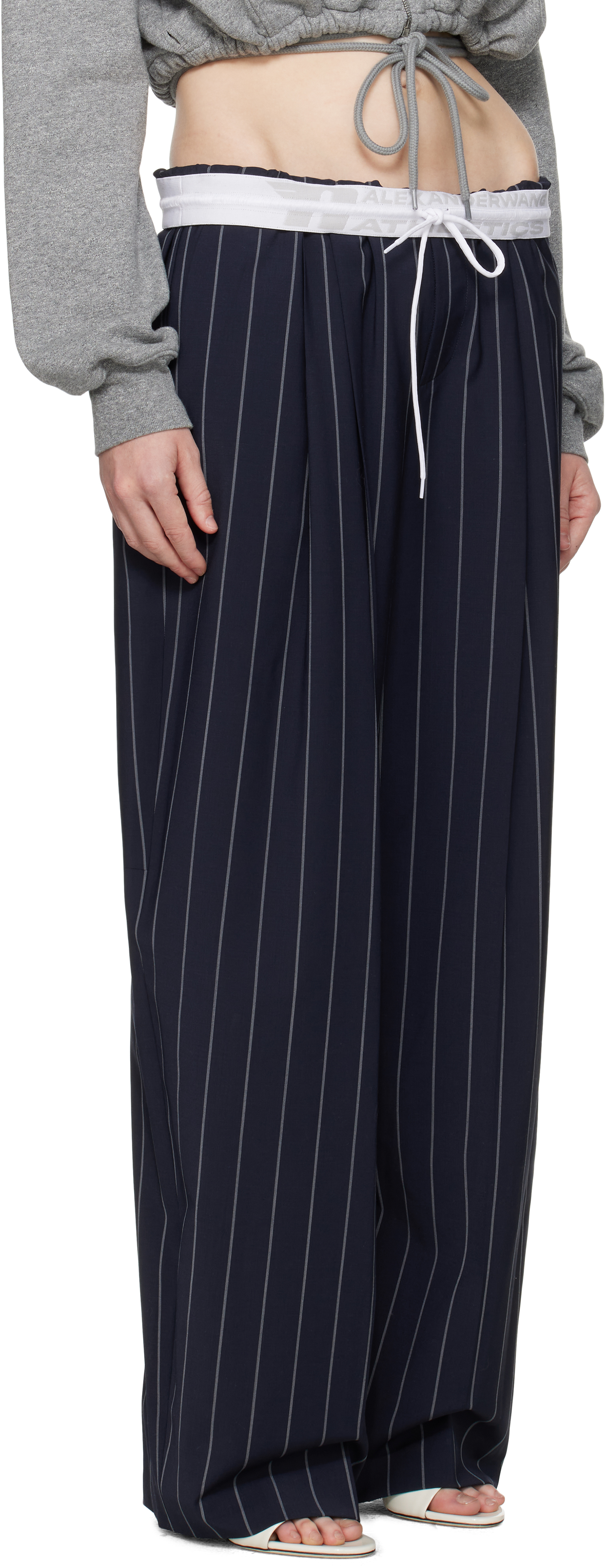 Alexander Wang Navy Pinstripe Tropical Wool Stretch Trousers In Navy/grey