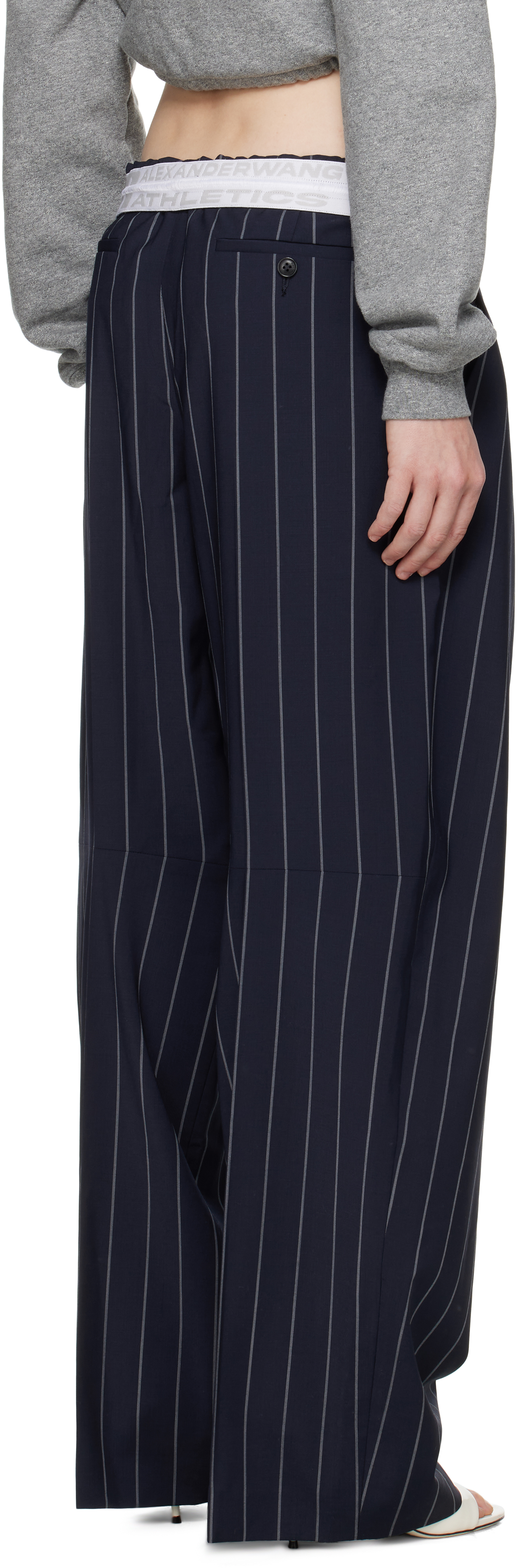 Alexander Wang Navy Pinstripe Tropical Wool Stretch Trousers In Navy/grey