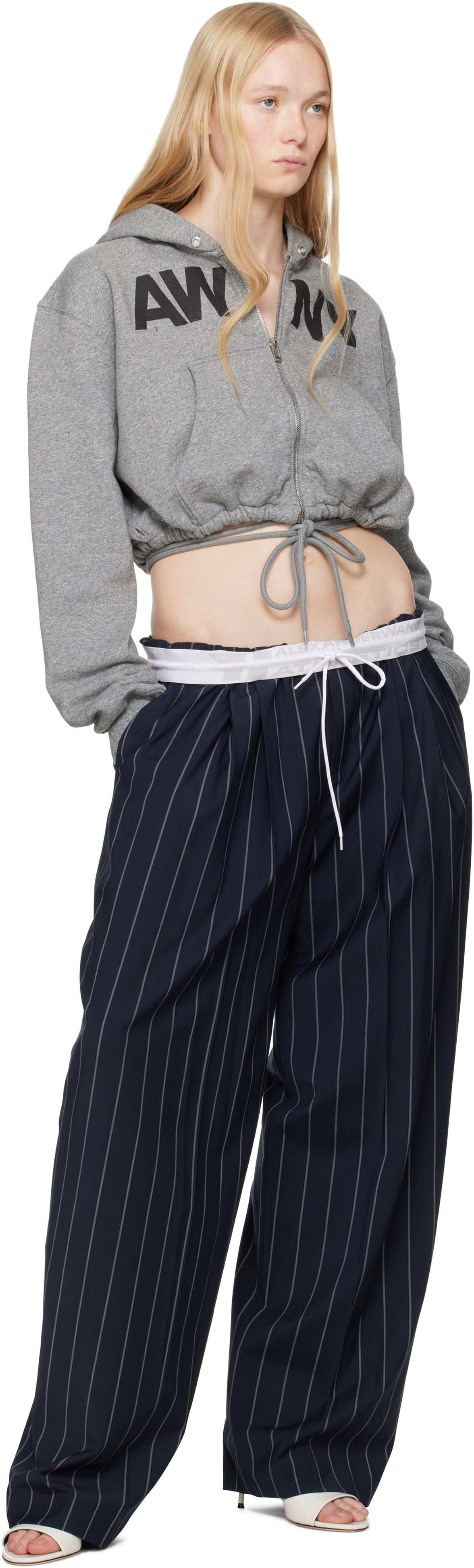 Alexander Wang Navy Pinstripe Tropical Wool Stretch Trousers In Navy/grey