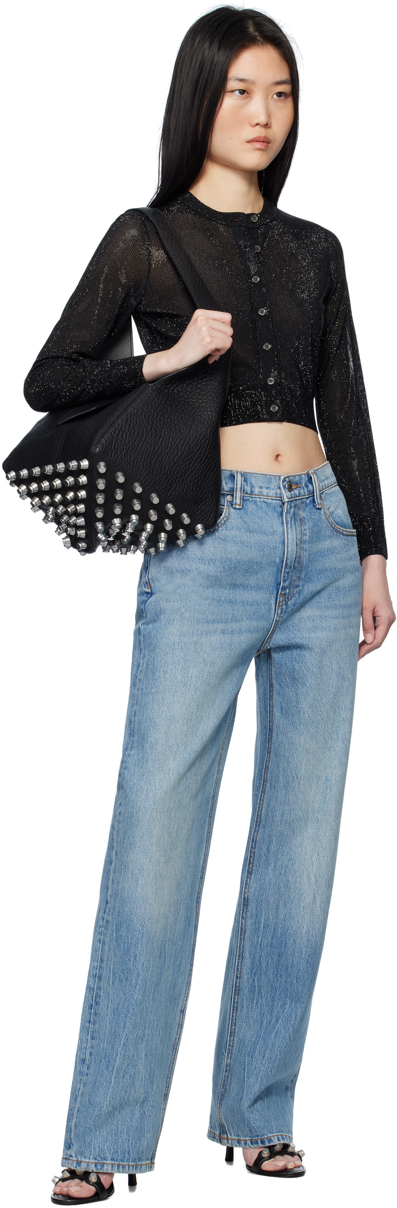 Alexander Wang Black Cropped Bead Hotfix Cardigan In Black