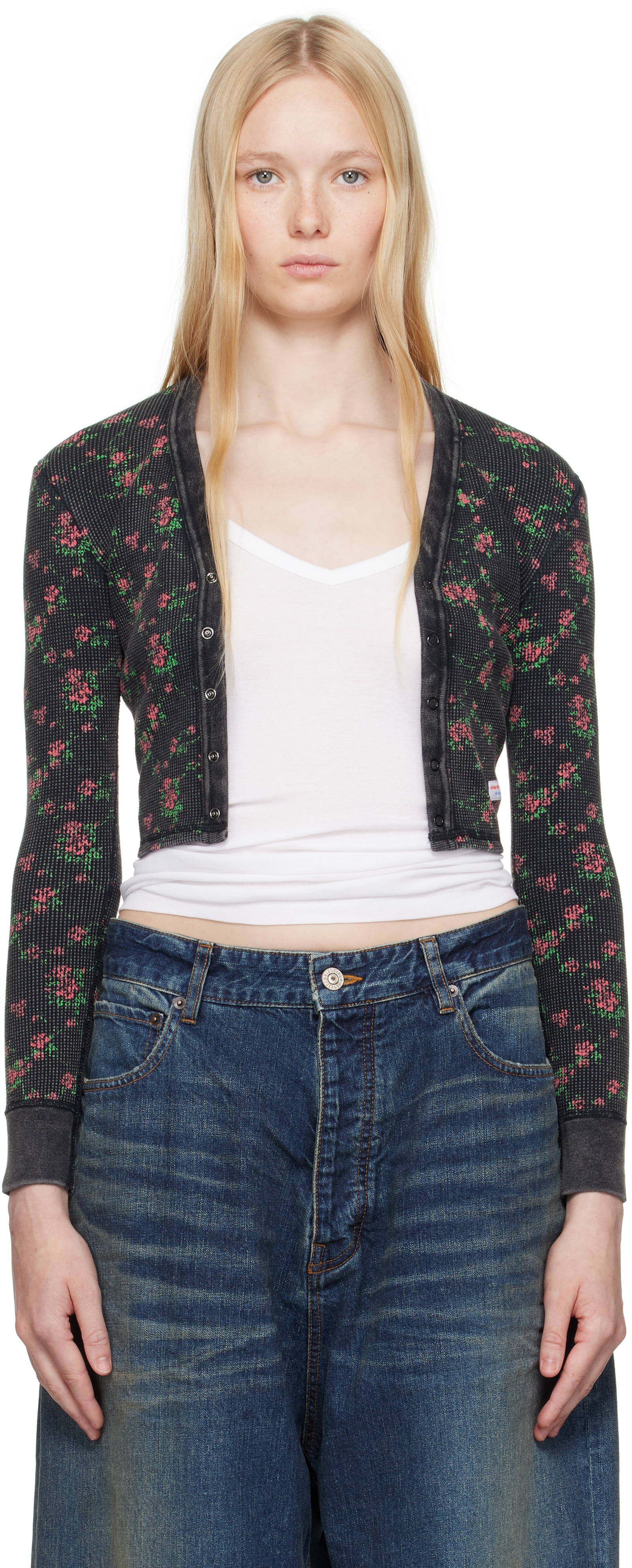 Alexander Wang Black Floral-print Waffle Knit Cardigan In Washed Black Multi