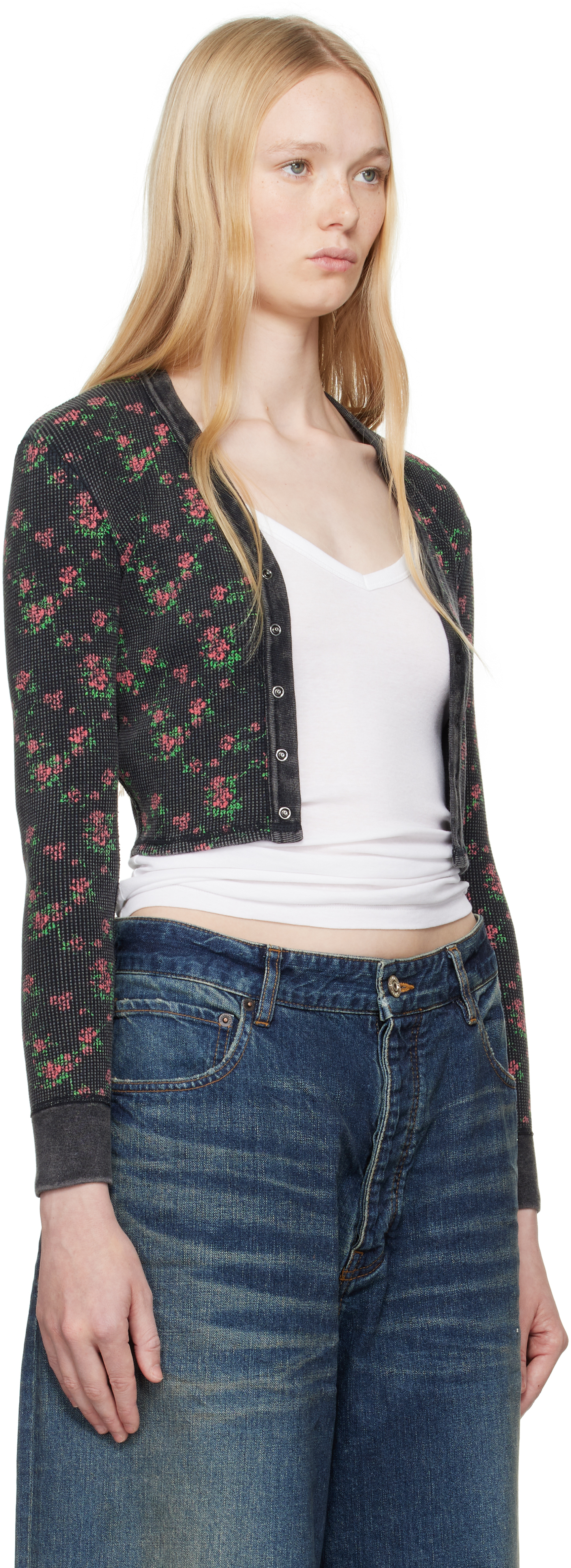 Alexander Wang Black Floral-print Waffle Knit Cardigan In Washed Black Multi