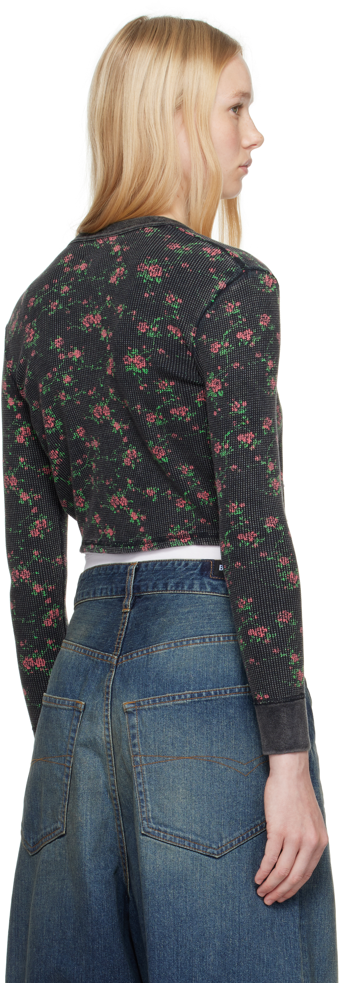 Alexander Wang Black Floral-print Waffle Knit Cardigan In Washed Black Multi