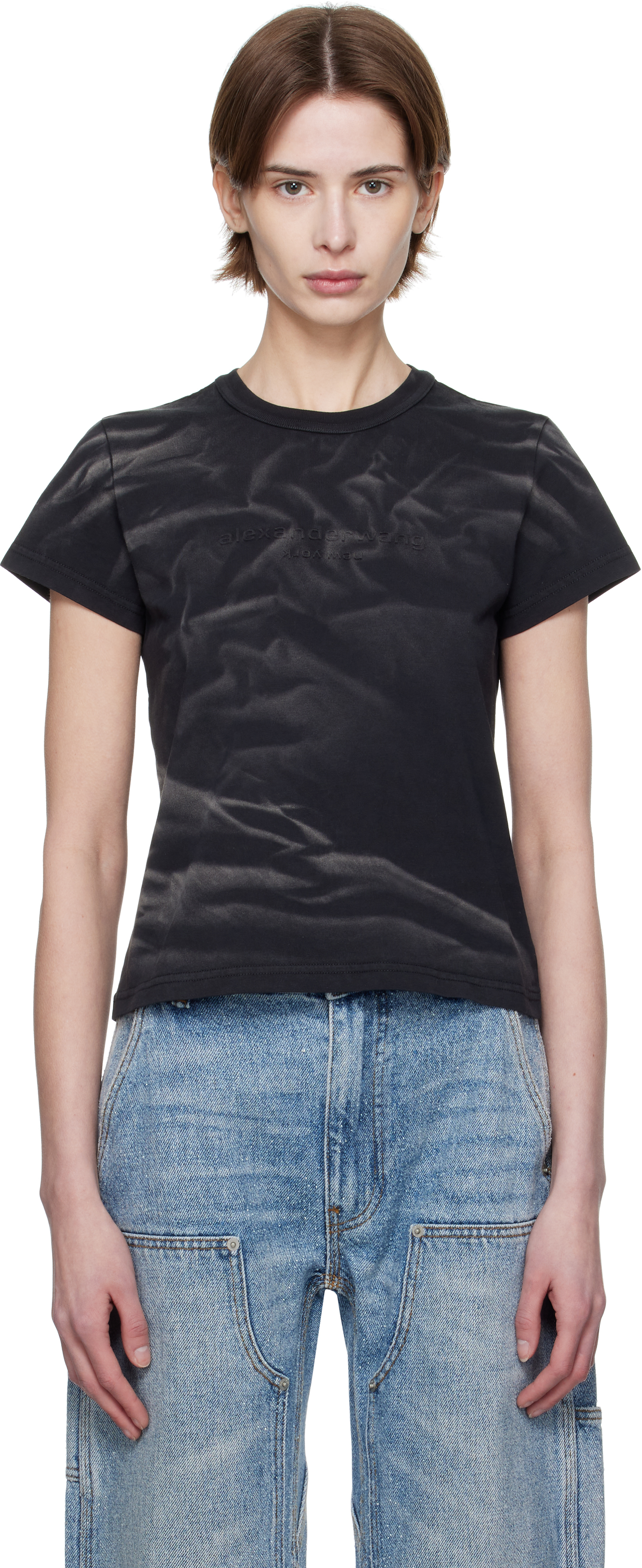 Black Distressed Logo Shrunken T-shirt