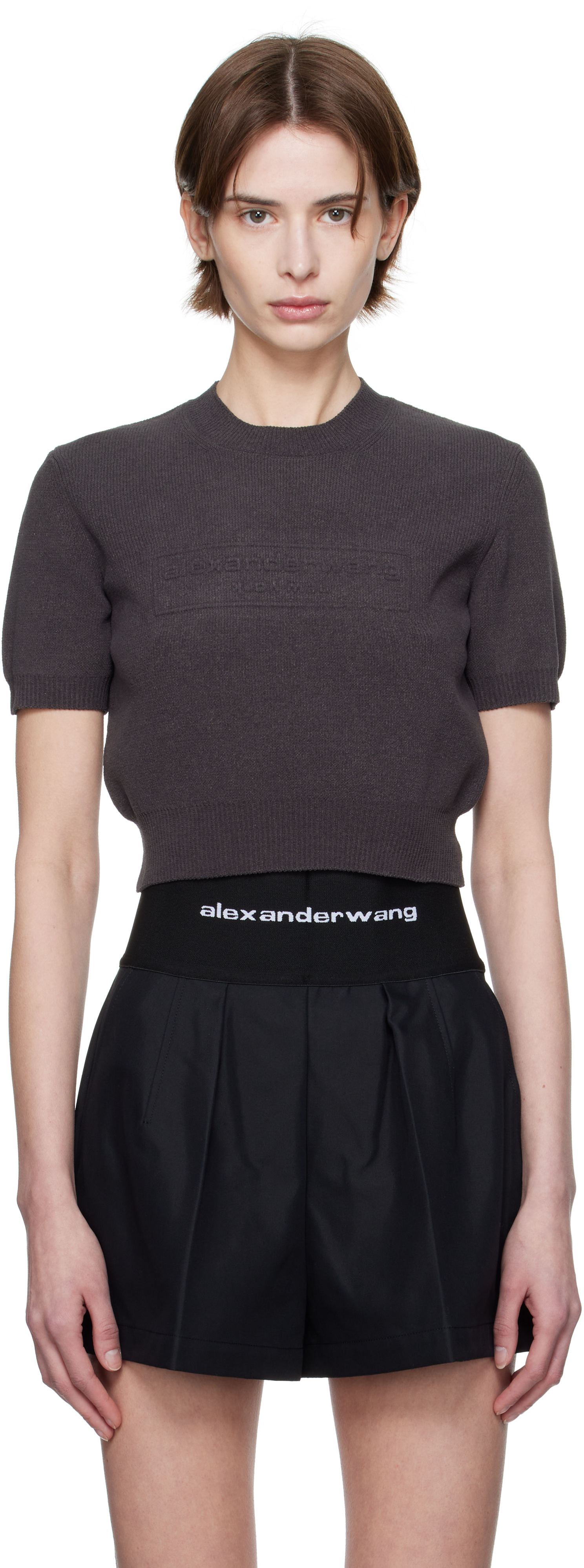Alexander Wang ☆グレー ロゴエンボス リブ シェニール Tシャツ Alexander Wangのグレー ロゴエンボス リブ シェニール Tシャツ