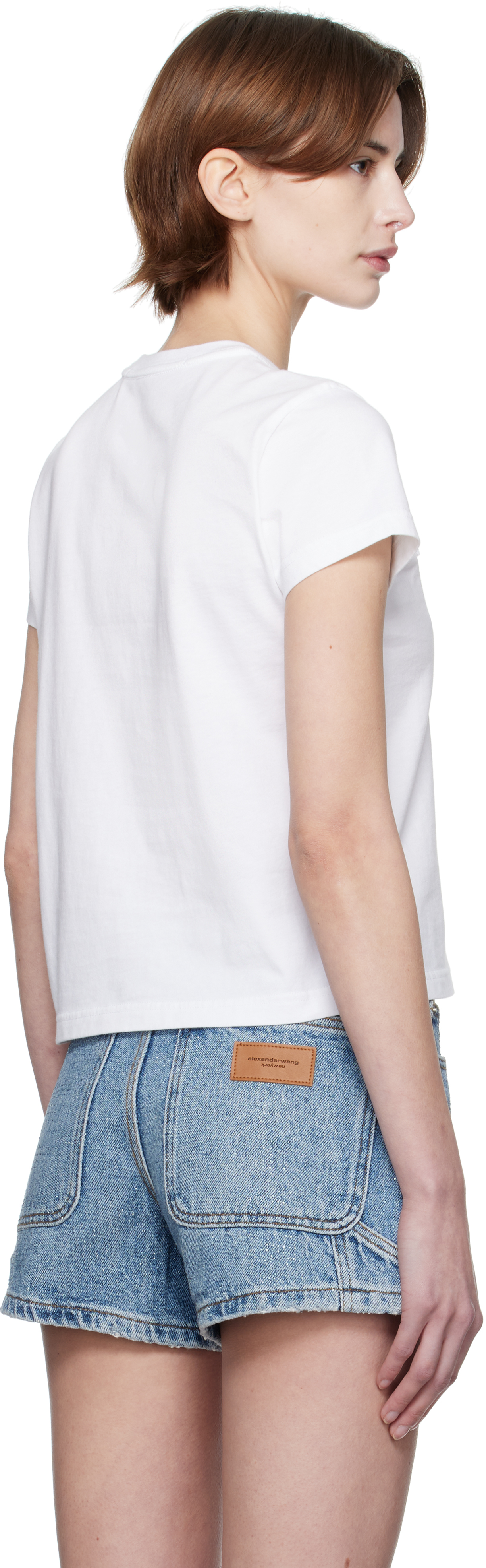 ALEXANDER WANG WHITE DISTRESSED LOGO SHRUNKEN T-SHIRT