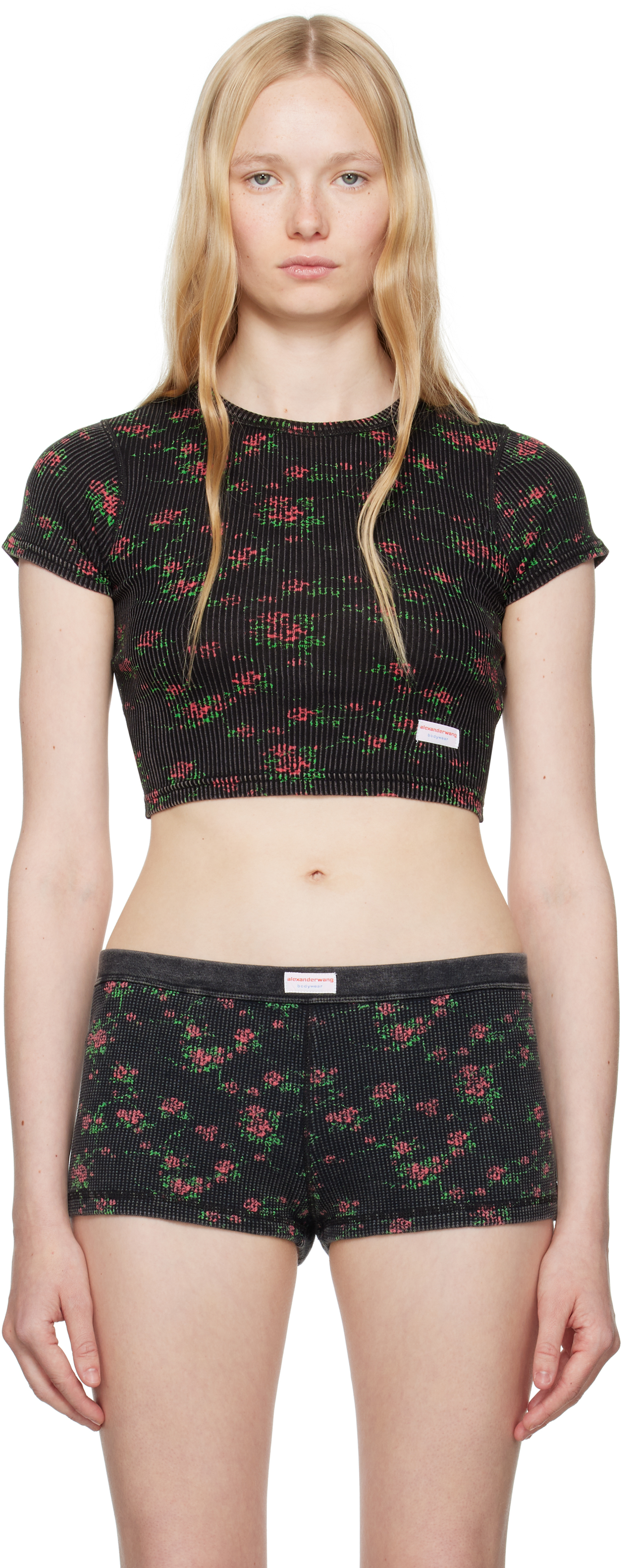 【alexanderwang】floral-print ribbed baby クロップ Tシャツ Black Floral-Print Ribbed Cotton Baby T-shirt by Alexander