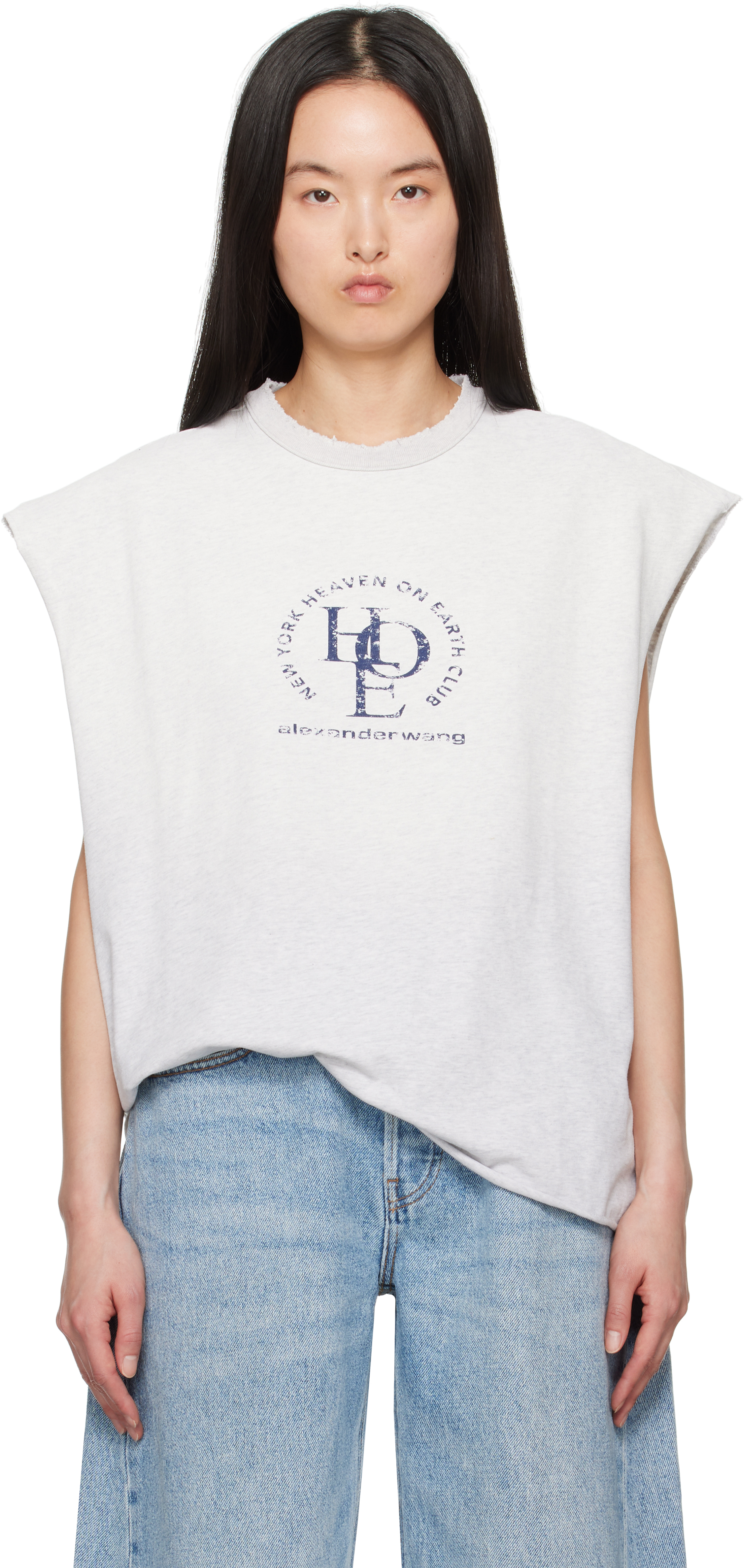 Gray Unisex Distressed Logo Oversized Muscle T-shirt