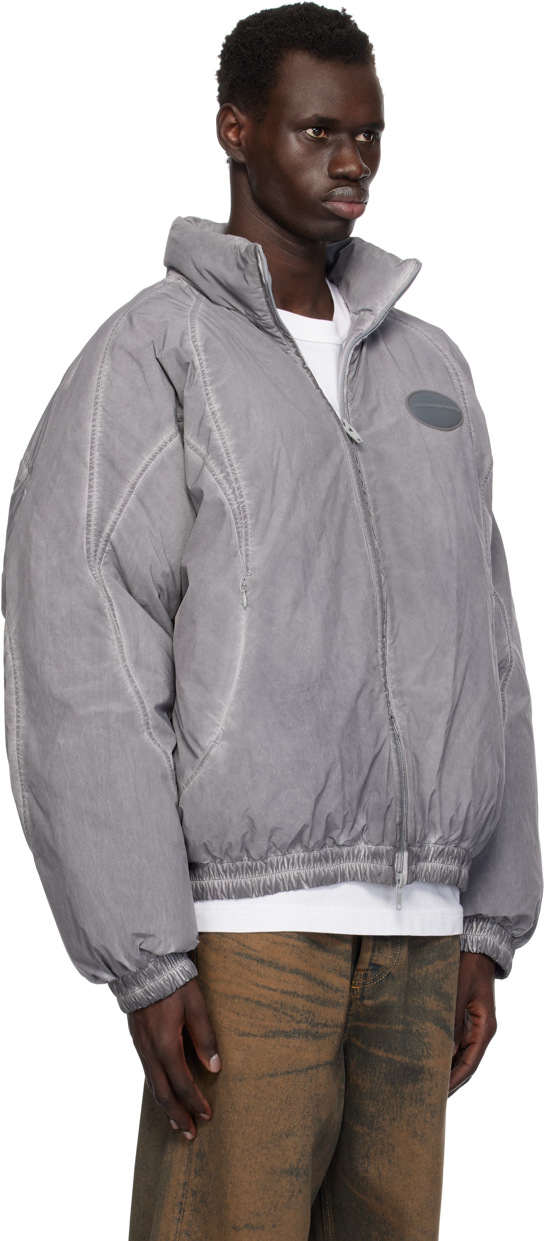 Alexander Wang Gray Padded Down Track Jacket In Washed Lt Grey