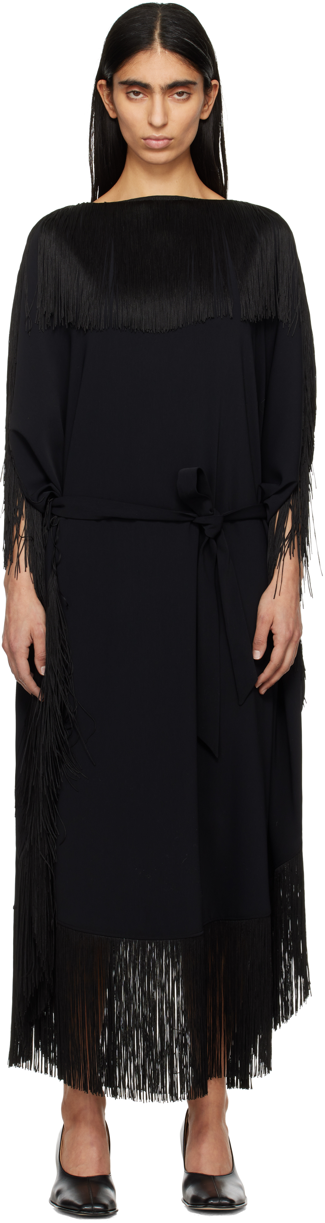 Black Fluid Fringe Midi Dress