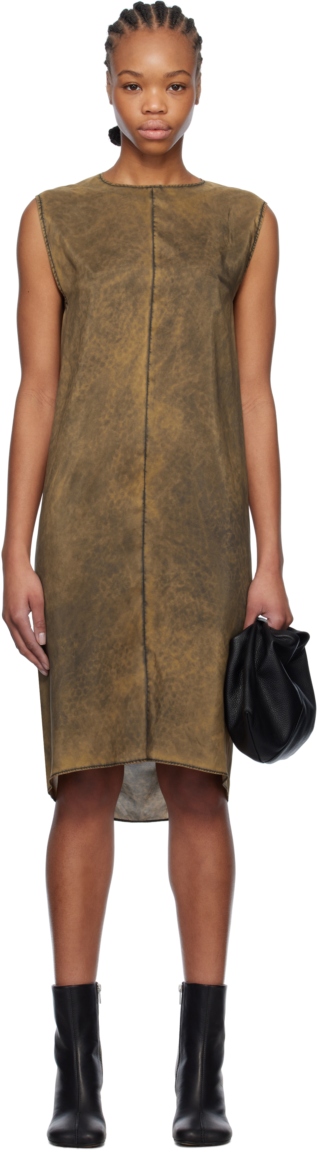 Khaki Light Silk Shift Midi Dress