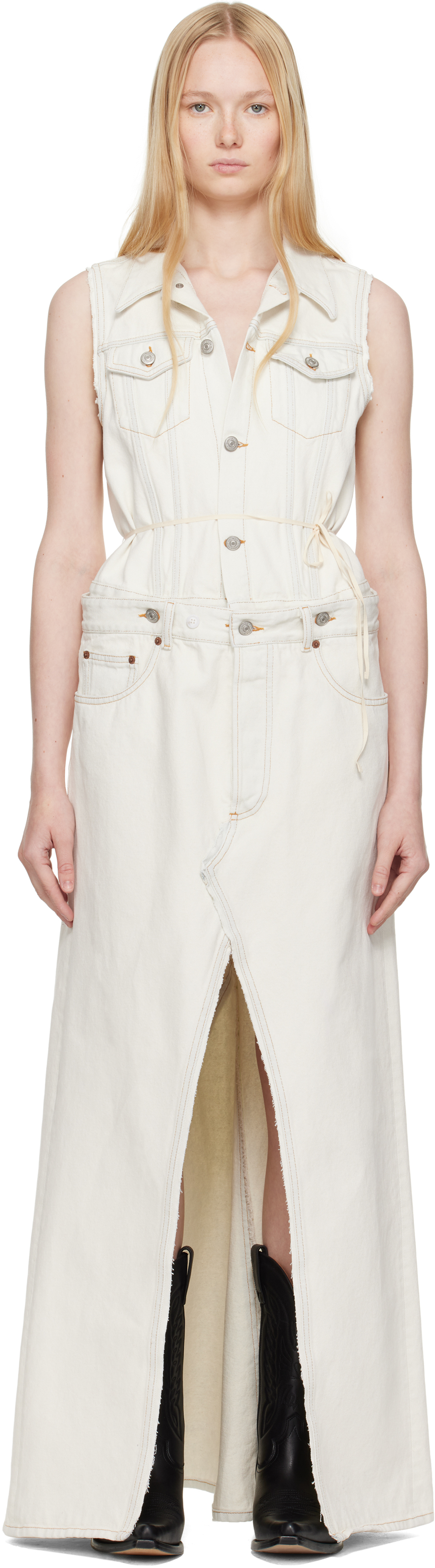 Robe En Denim Blanc MM6 Maison Martin Margiela - Manches Courtes, Doublure Mousseline - Taille 6