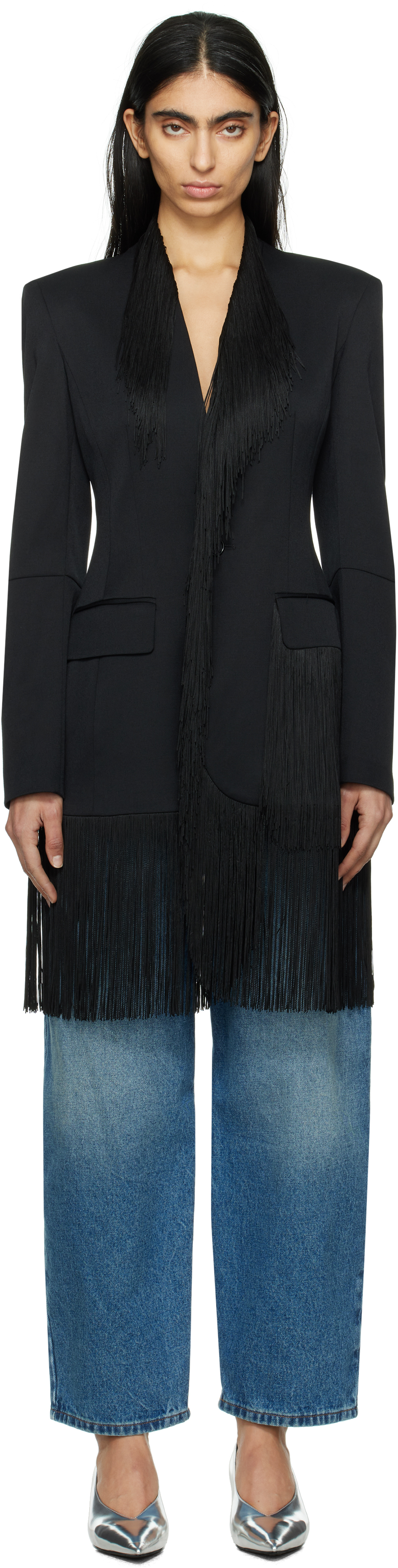 Black Wool Tailoring Fringe Blazer