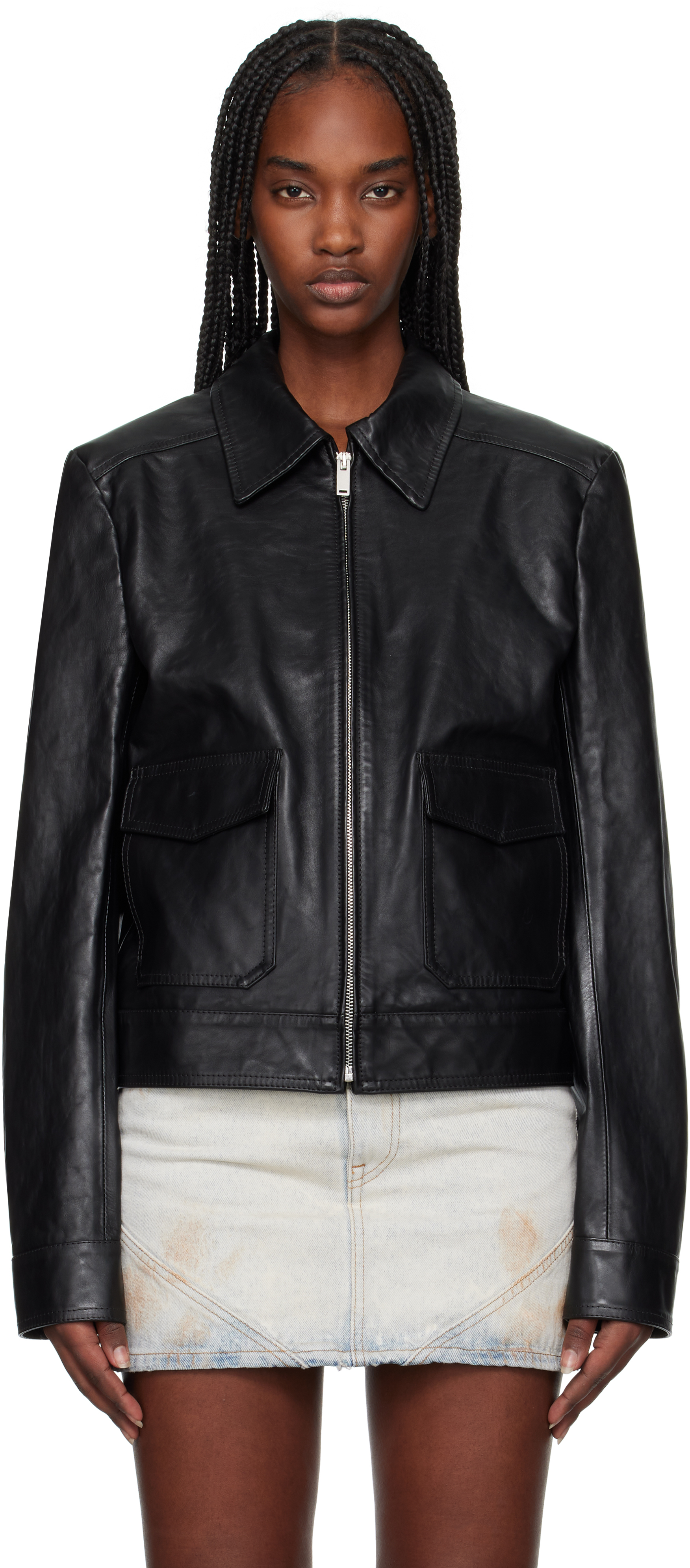 Black Light Sport Leather Jacket by MM6 Maison Margiela on Sale