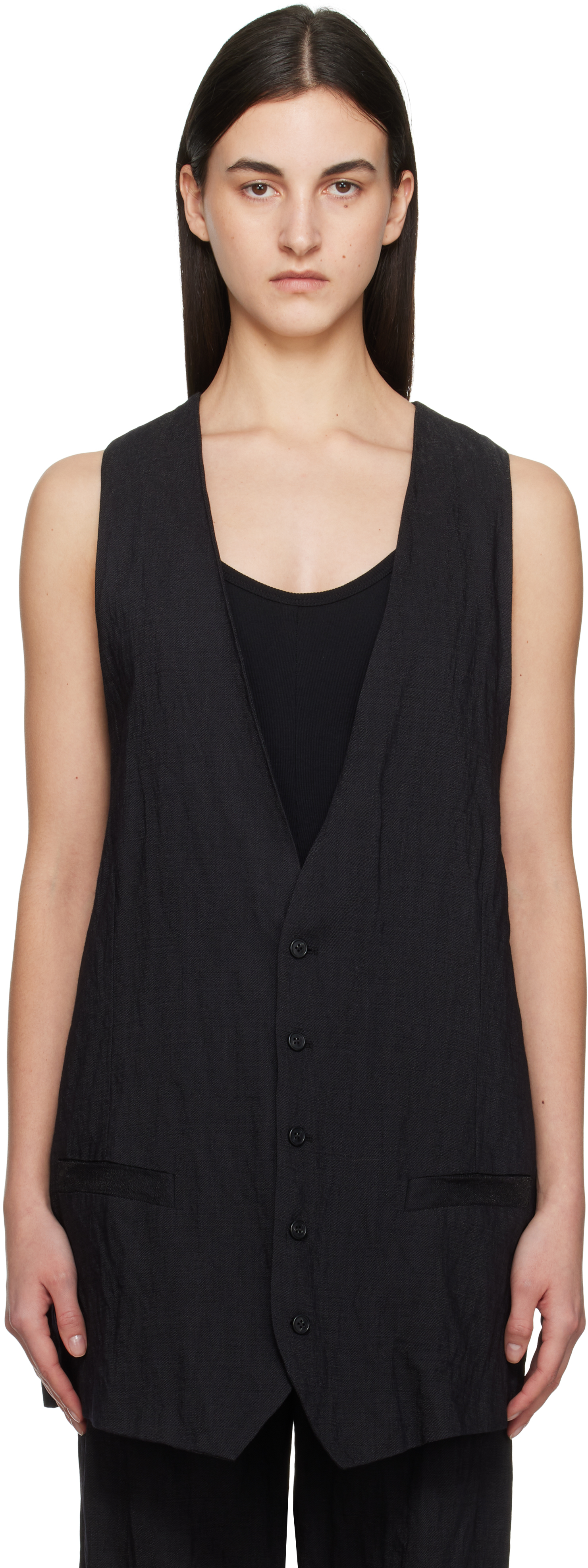 Mm6 Maison Margiela Black Crinkled Metallic Tailoring Vest In 900 Black