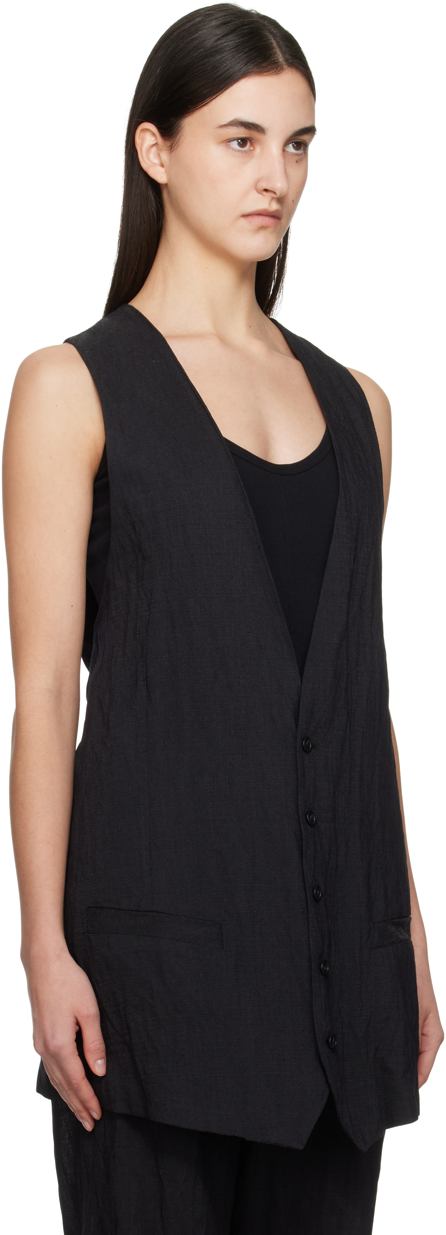 Mm6 Maison Margiela Black Crinkled Metallic Tailoring Vest In 900 Black
