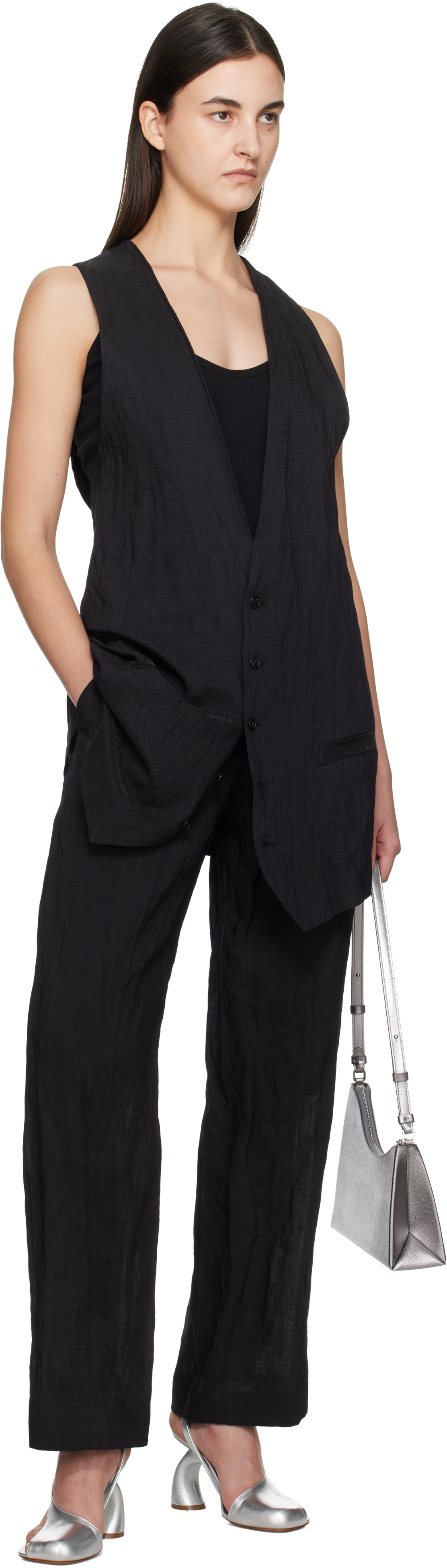 Mm6 Maison Margiela Black Crinkled Metallic Tailoring Vest In 900 Black