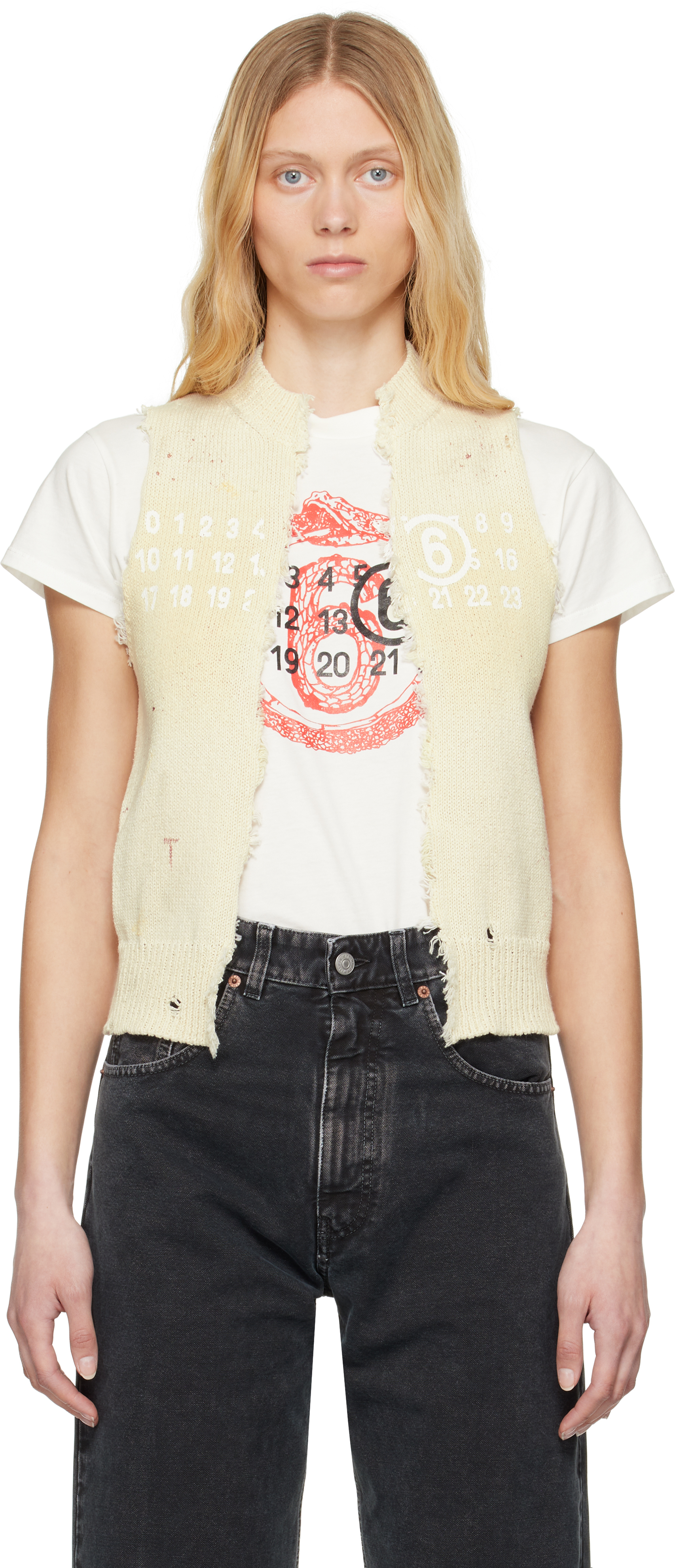 MM6 Maison Margiela: Off-White Open Cut Printed Vest | SSENSE