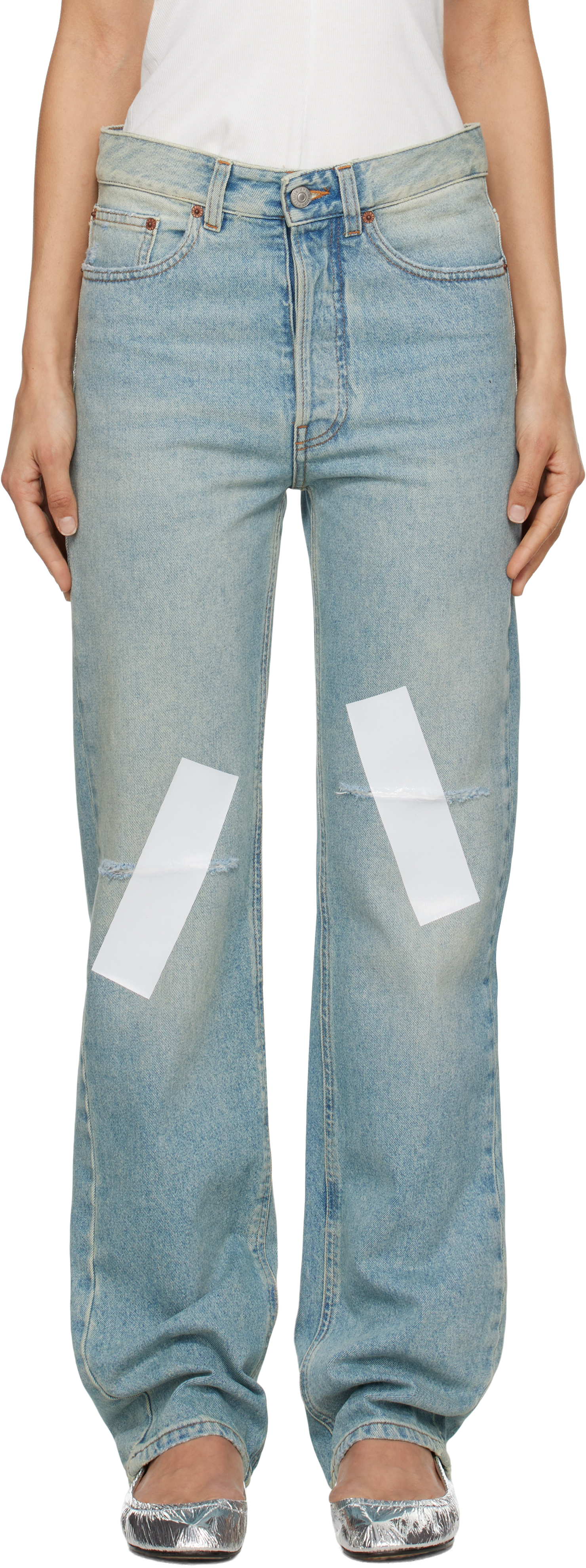 Mm6 Maison Margiela Blue Distressed Taped 5 Pocket Jeans In 964 Light Blue