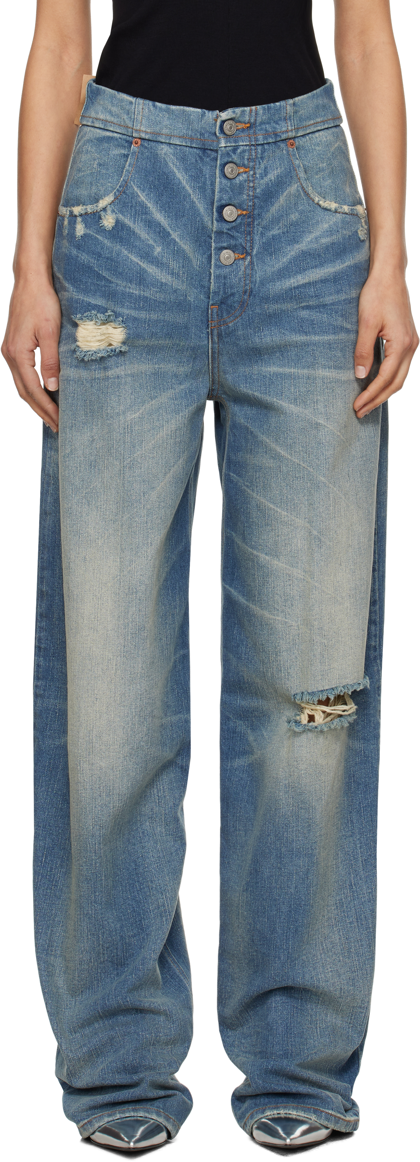 Blue Distressed 5 Pockets Jeans