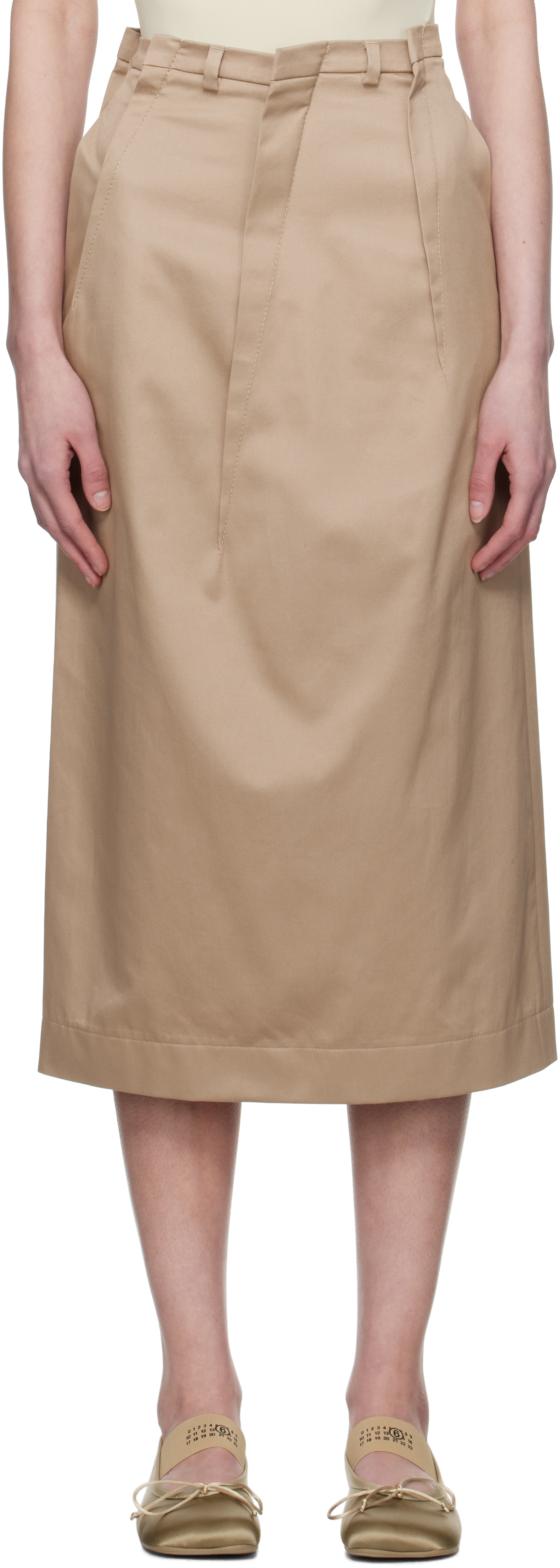 Beige Light Cotton Twill Darting Midi Skirt