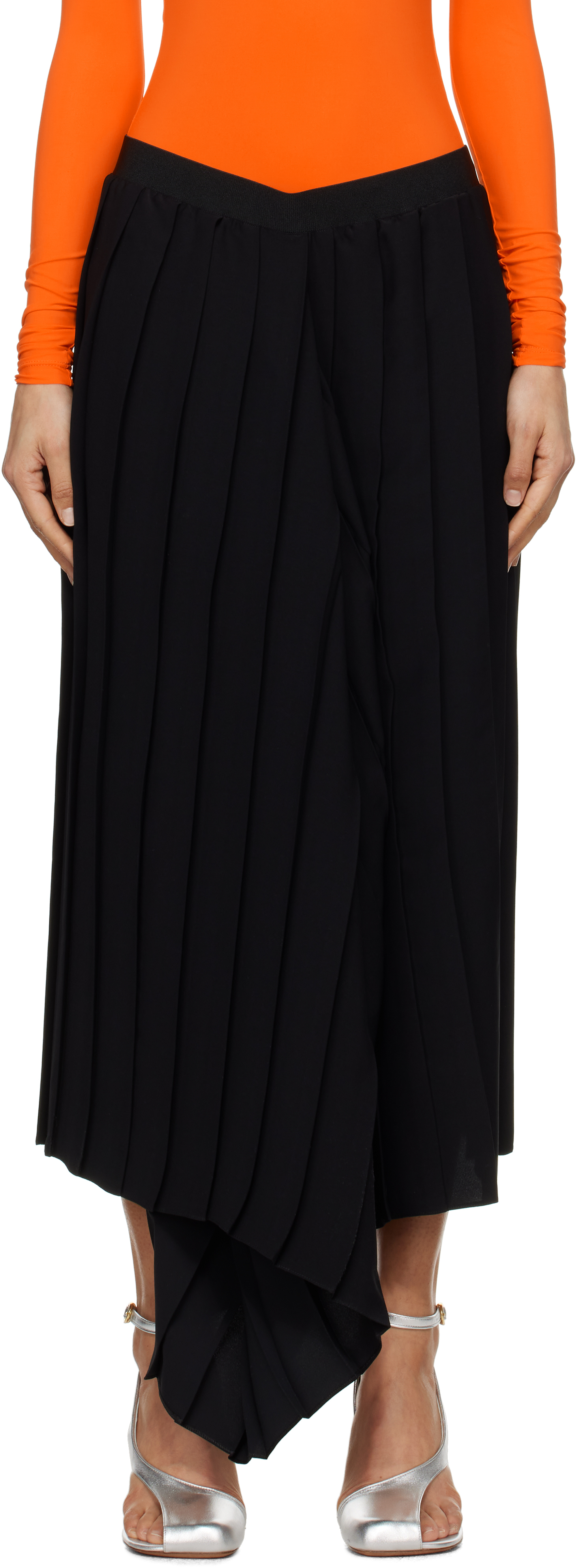 Black Drape Pleated Midi Skirt