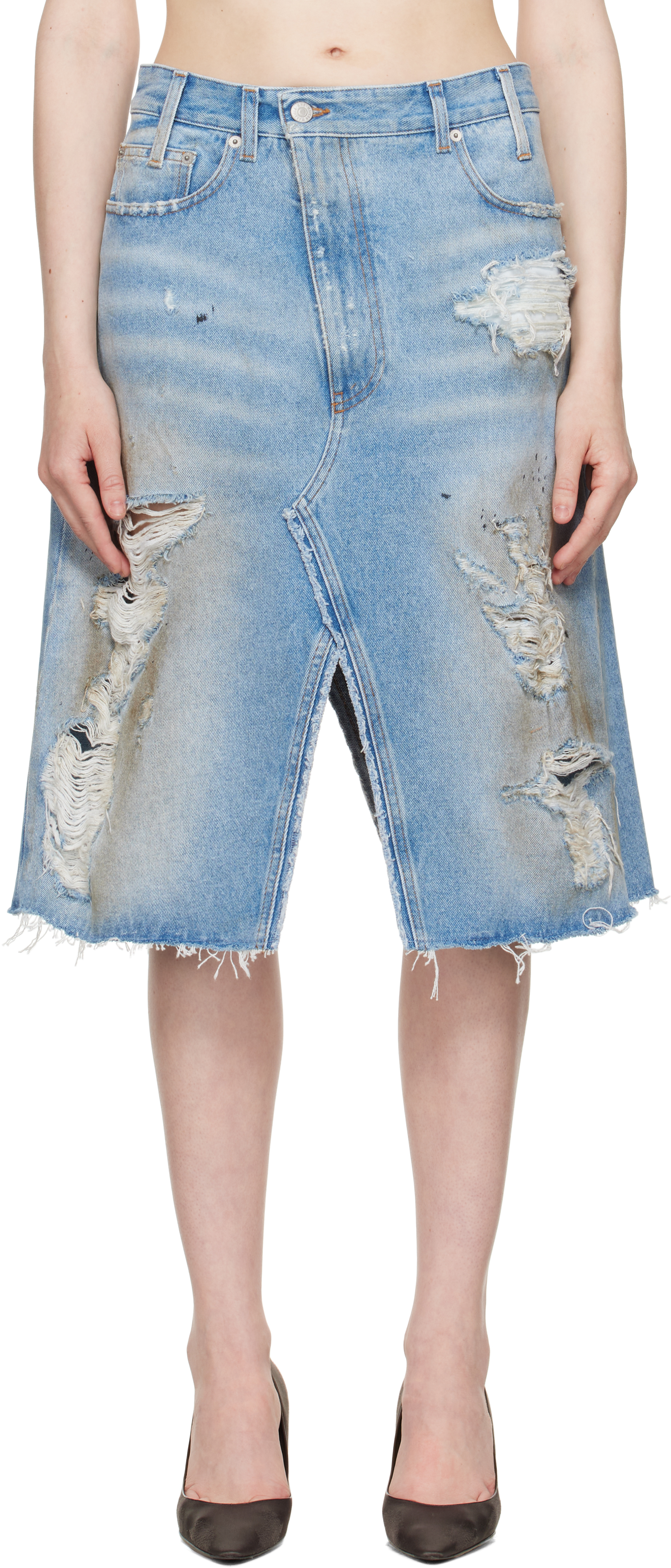 Blue Distressed Shorts Midi Skirt