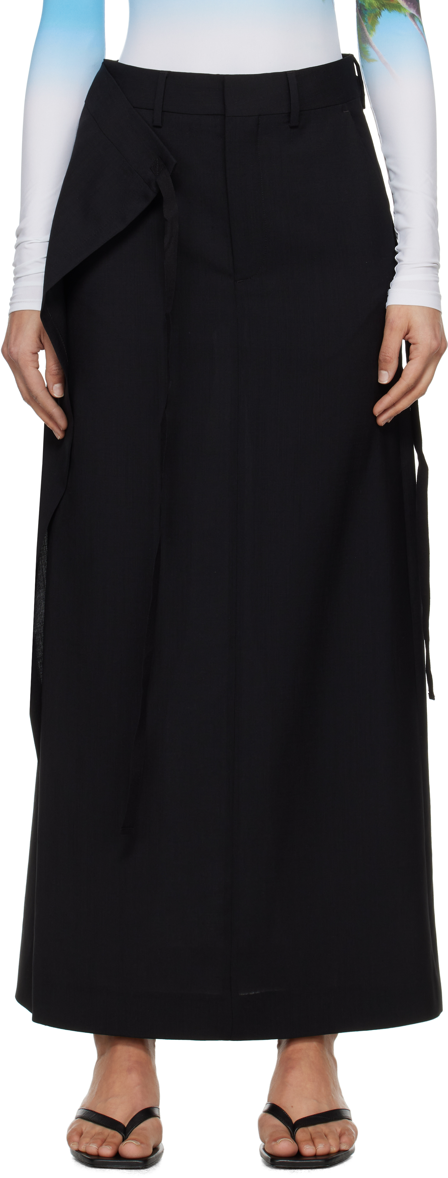 Black Tailoring Wool Canvas Tie Maxi Skirt