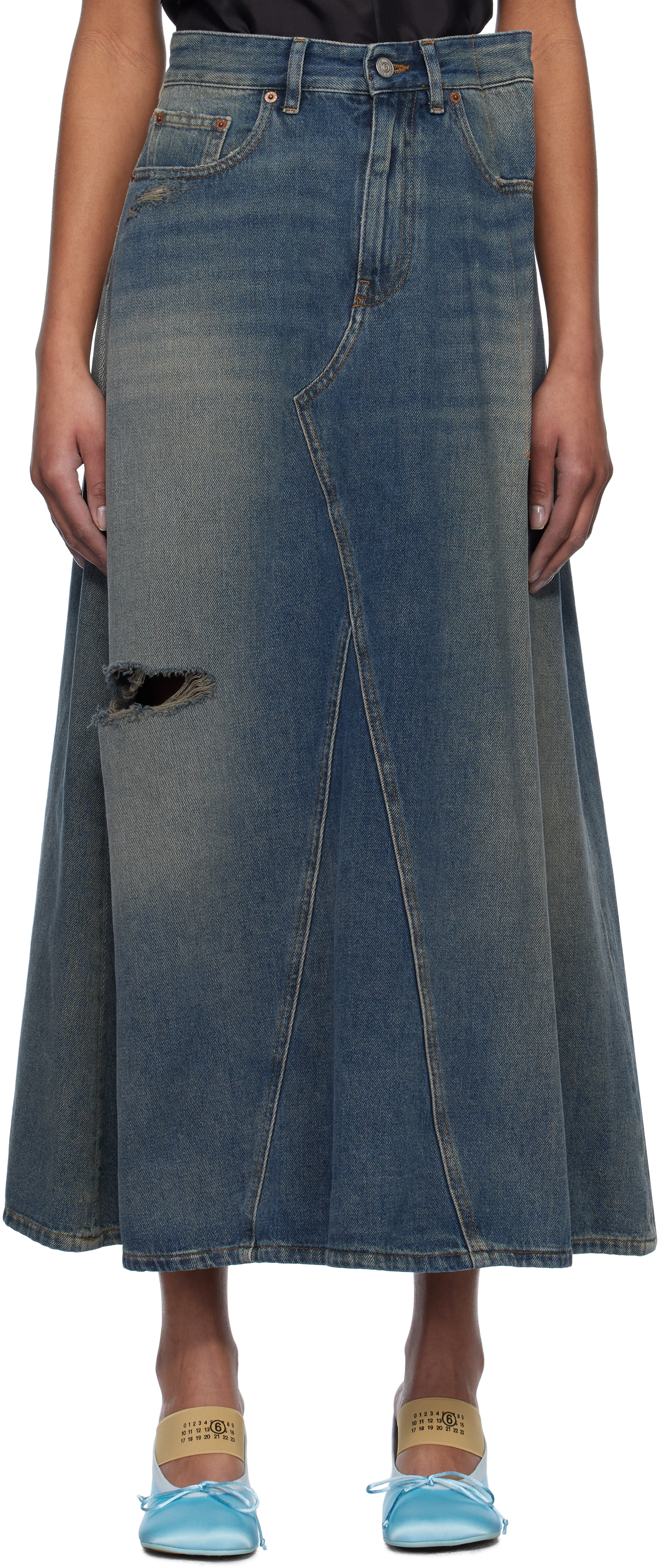 Blue Darting Denim Midi Skirt