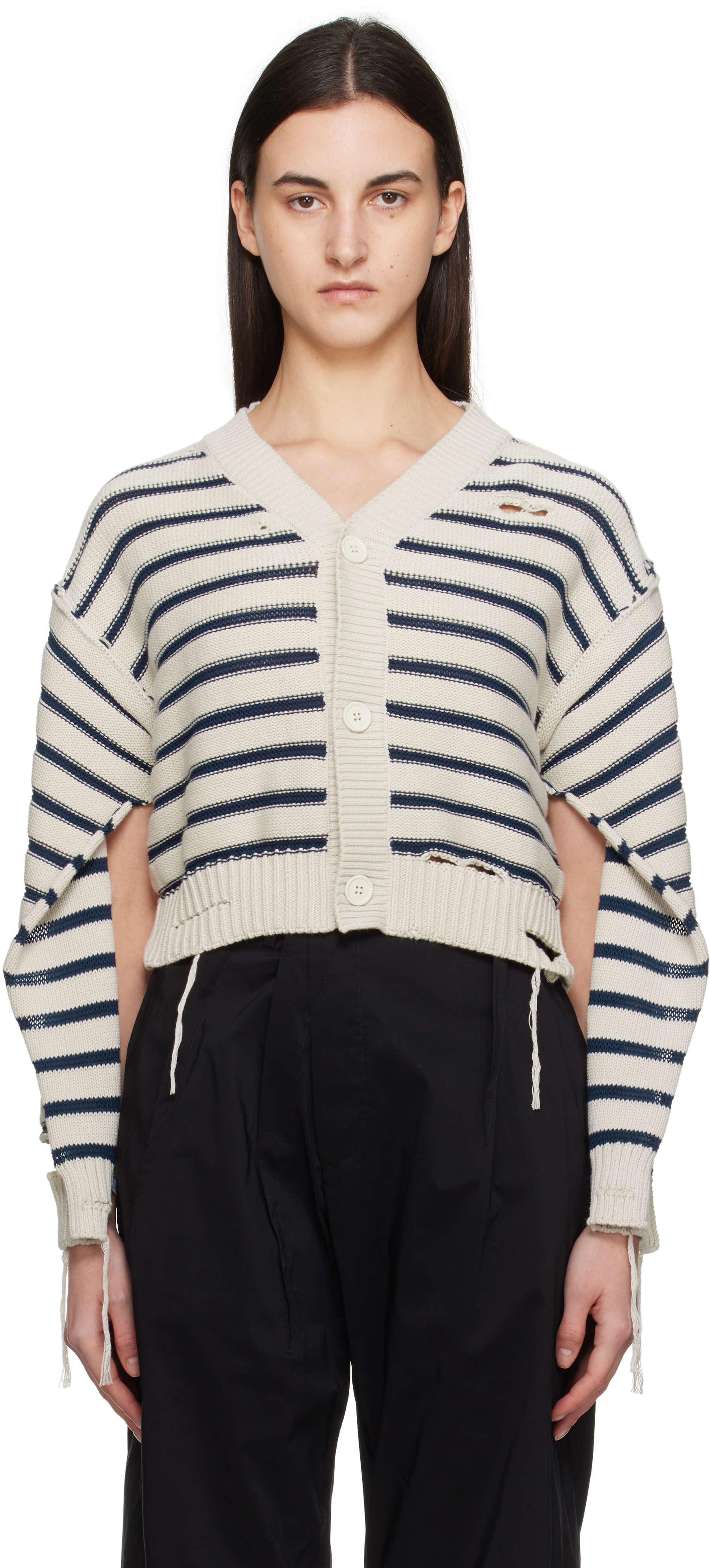 Shop Mm6 Maison Margiela Off-white & Navy V-neck Cardigan In 962 Chalk/navy