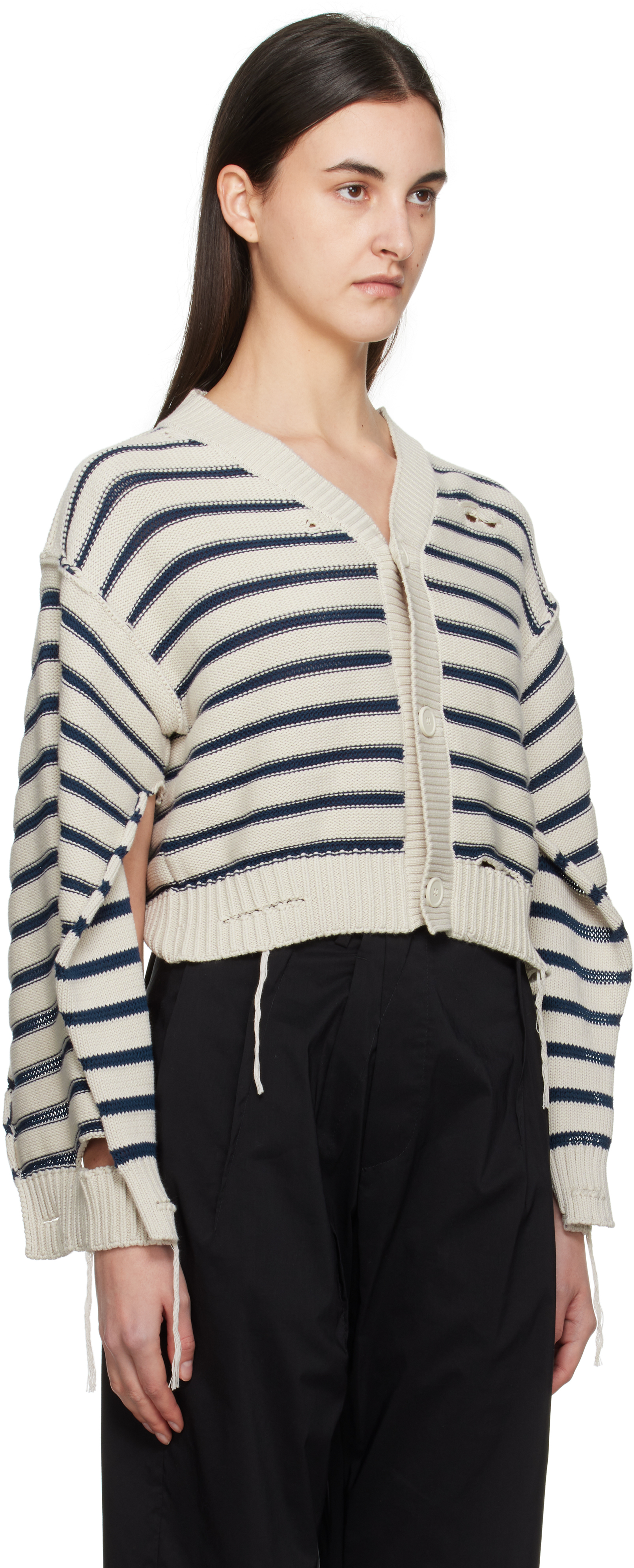 Shop Mm6 Maison Margiela Off-white & Navy V-neck Cardigan In 962 Chalk/navy