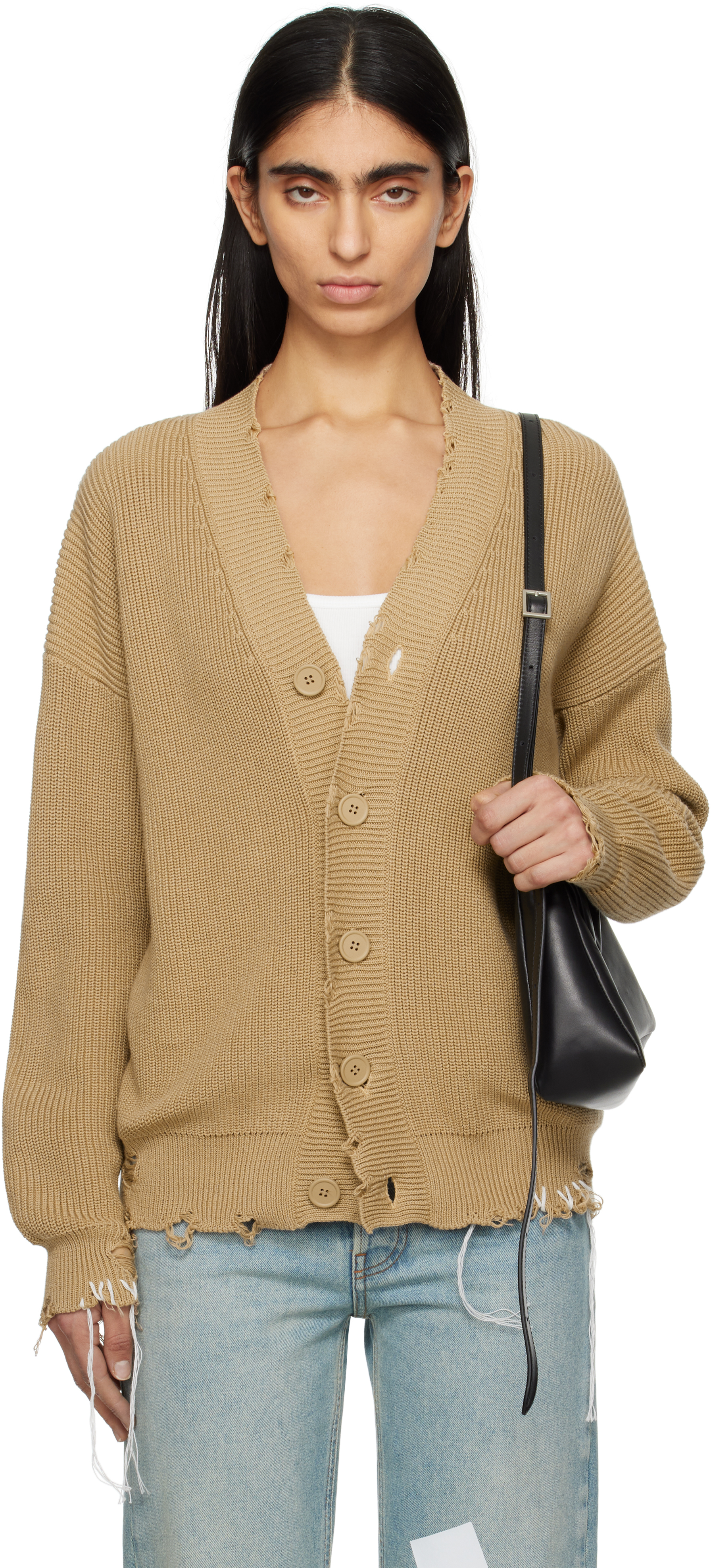 Shop Mm6 Maison Margiela Beige Eaten Knit Cardigan In 119 Beige