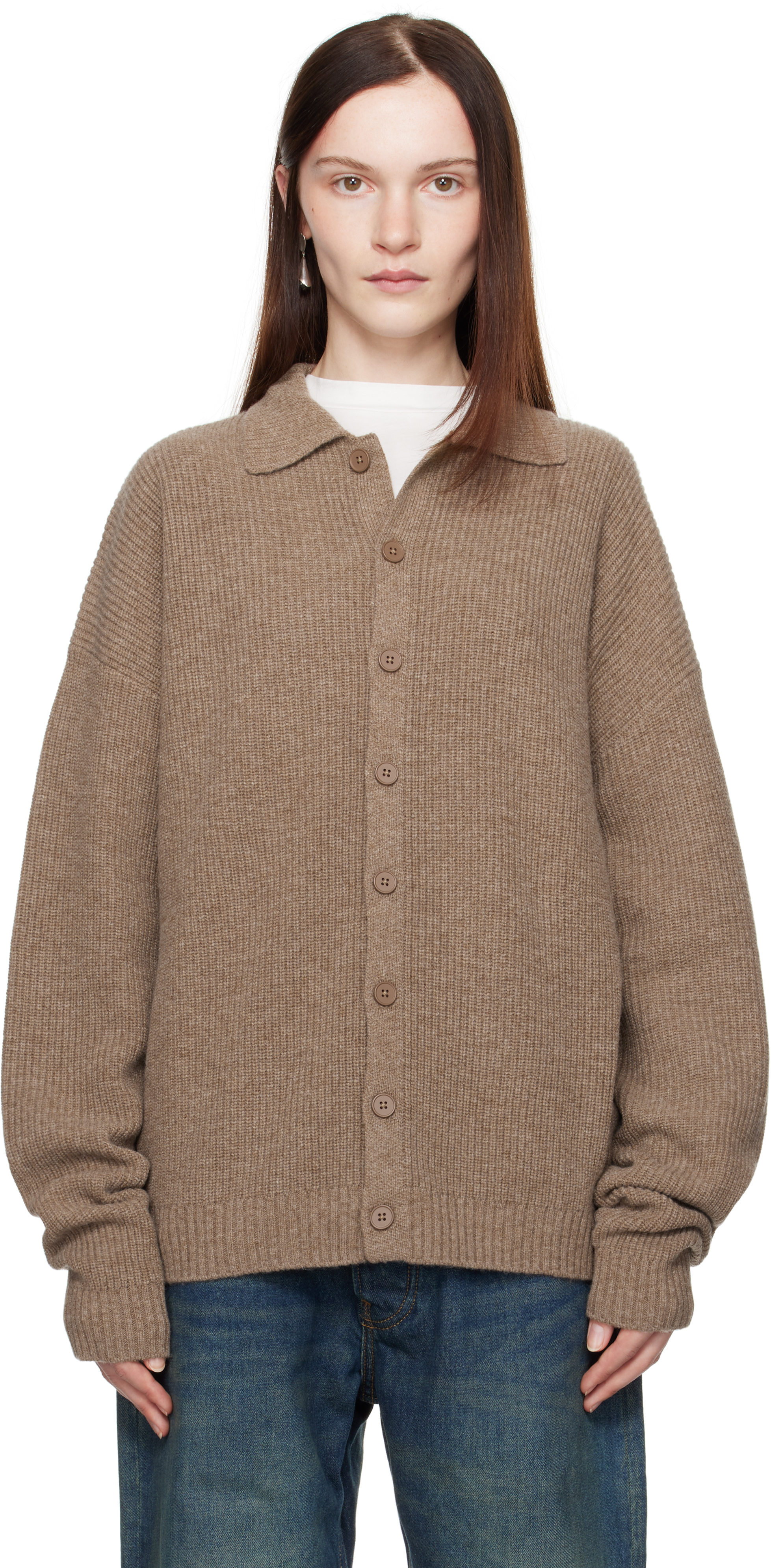 Brown Relaxed Knit Button Up Cardigan