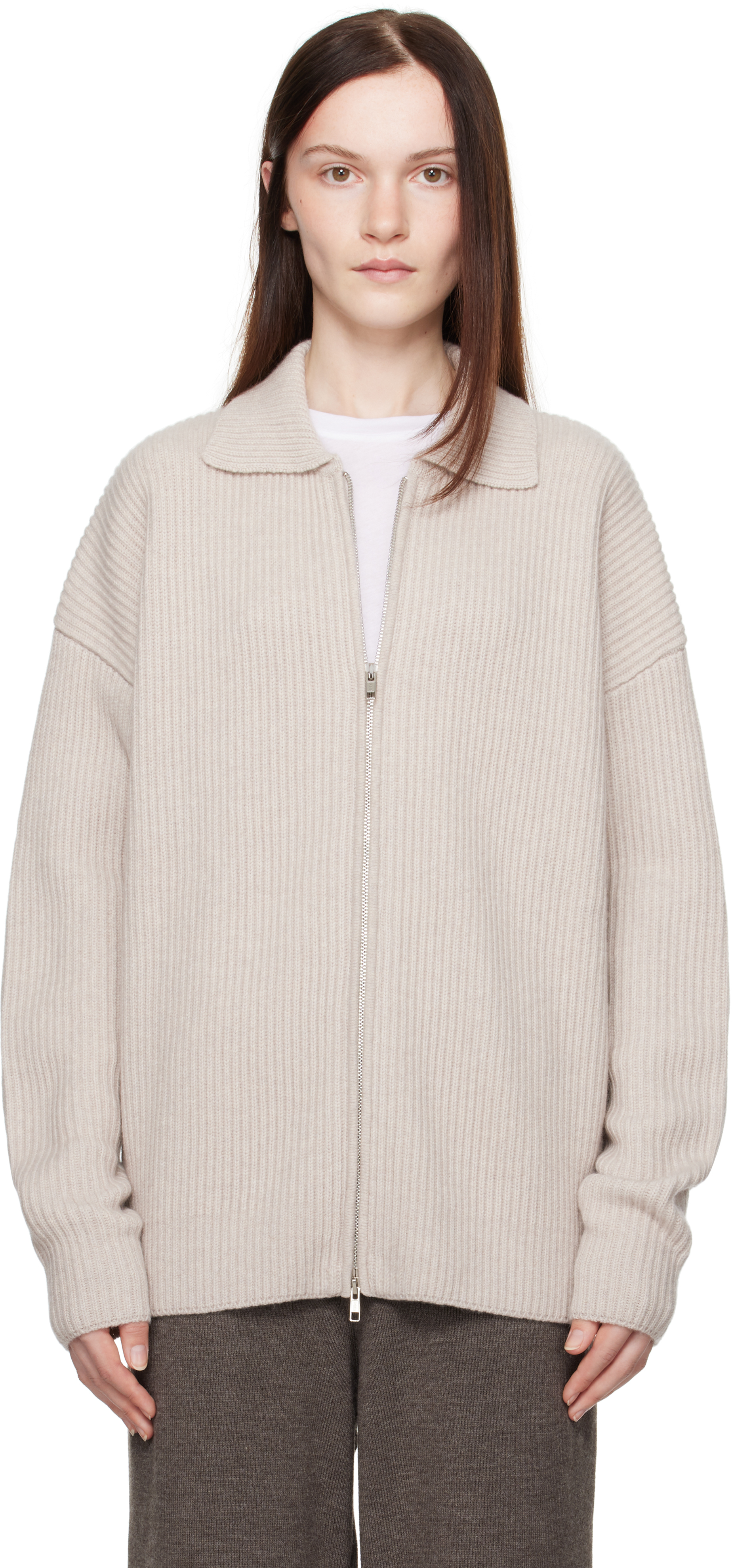 Beige Cashmere Collared Zip Cardigan