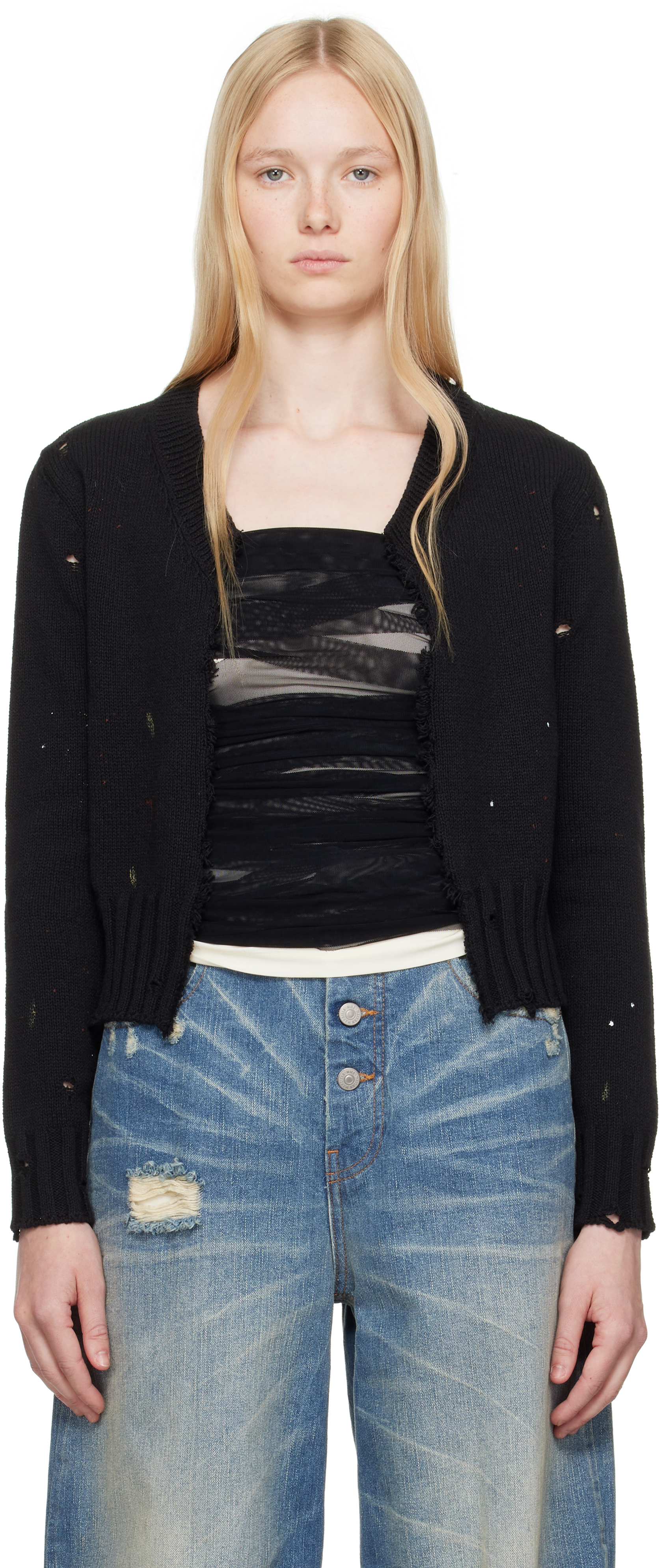 Shop Mm6 Maison Margiela Black Paint Knit Cardigan In 900s Black