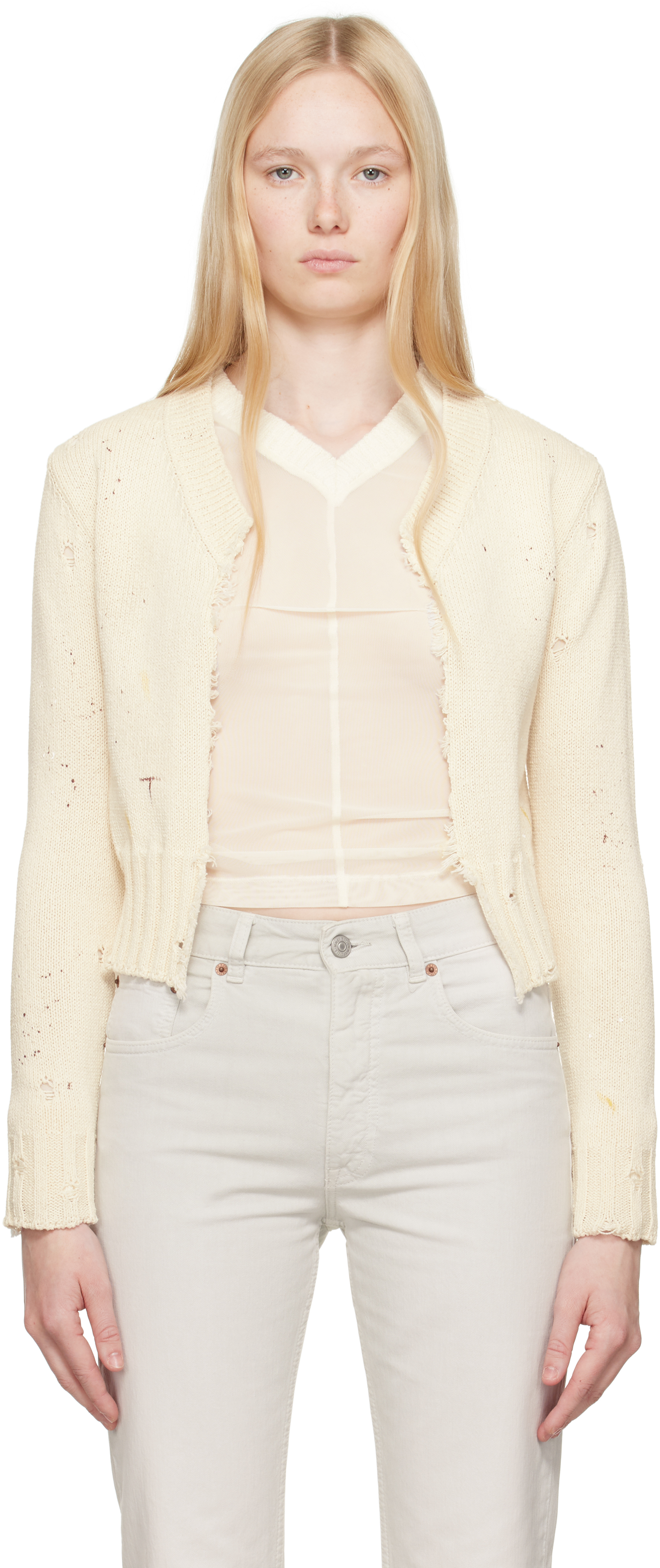 Shop Mm6 Maison Margiela Off-white Paint Knit Cardigan In 102s Cream