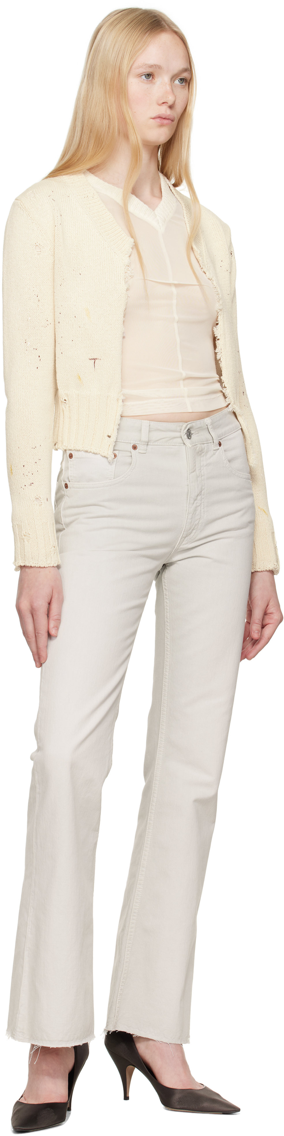 Shop Mm6 Maison Margiela Off-white Paint Knit Cardigan In 102s Cream