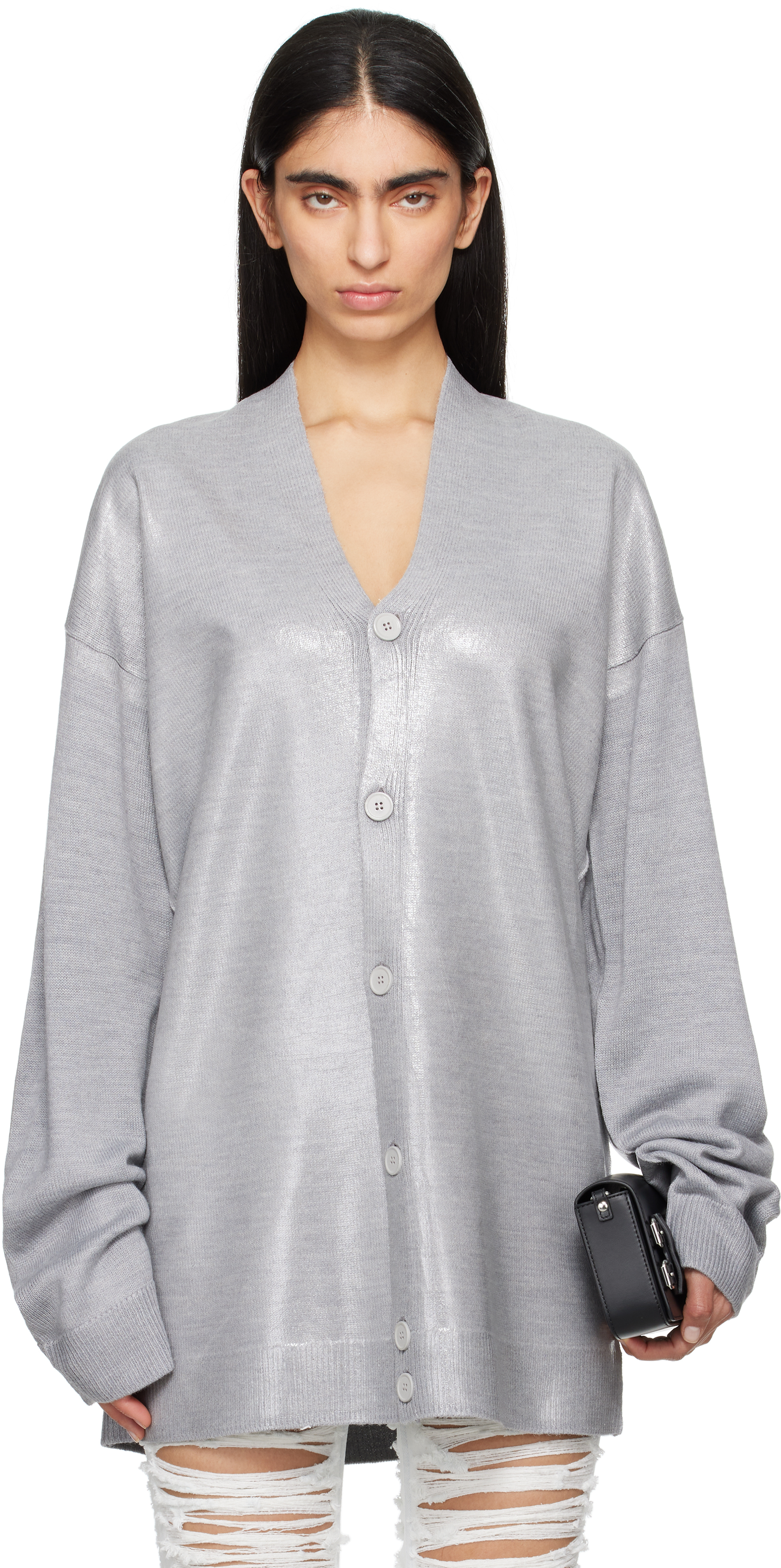 Shop Mm6 Maison Margiela Gray Plastified Knit Cardigan In 857s Grey Melange