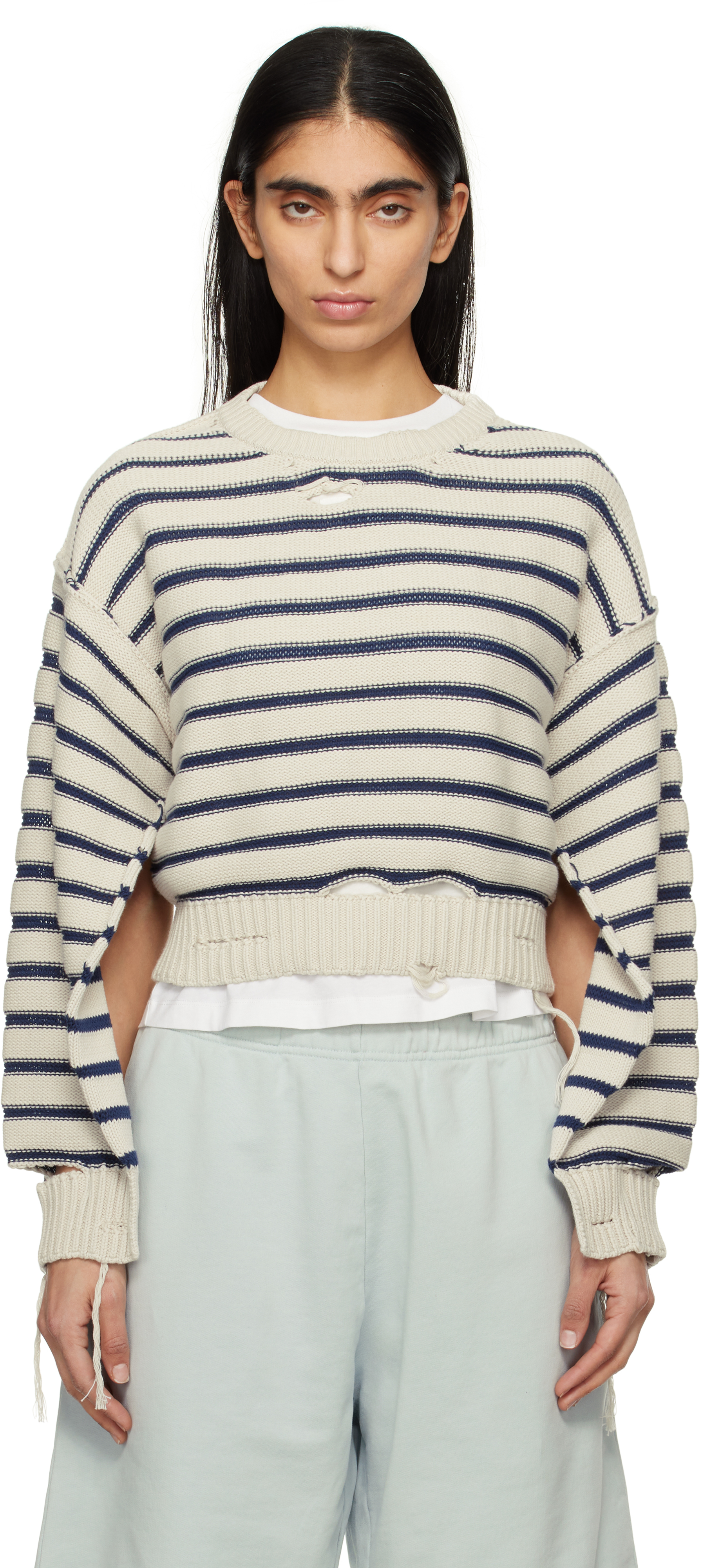 MM6 MAISON MARGIELA OFF-WHITE & NAVY STRIPED KNIT SWEATER