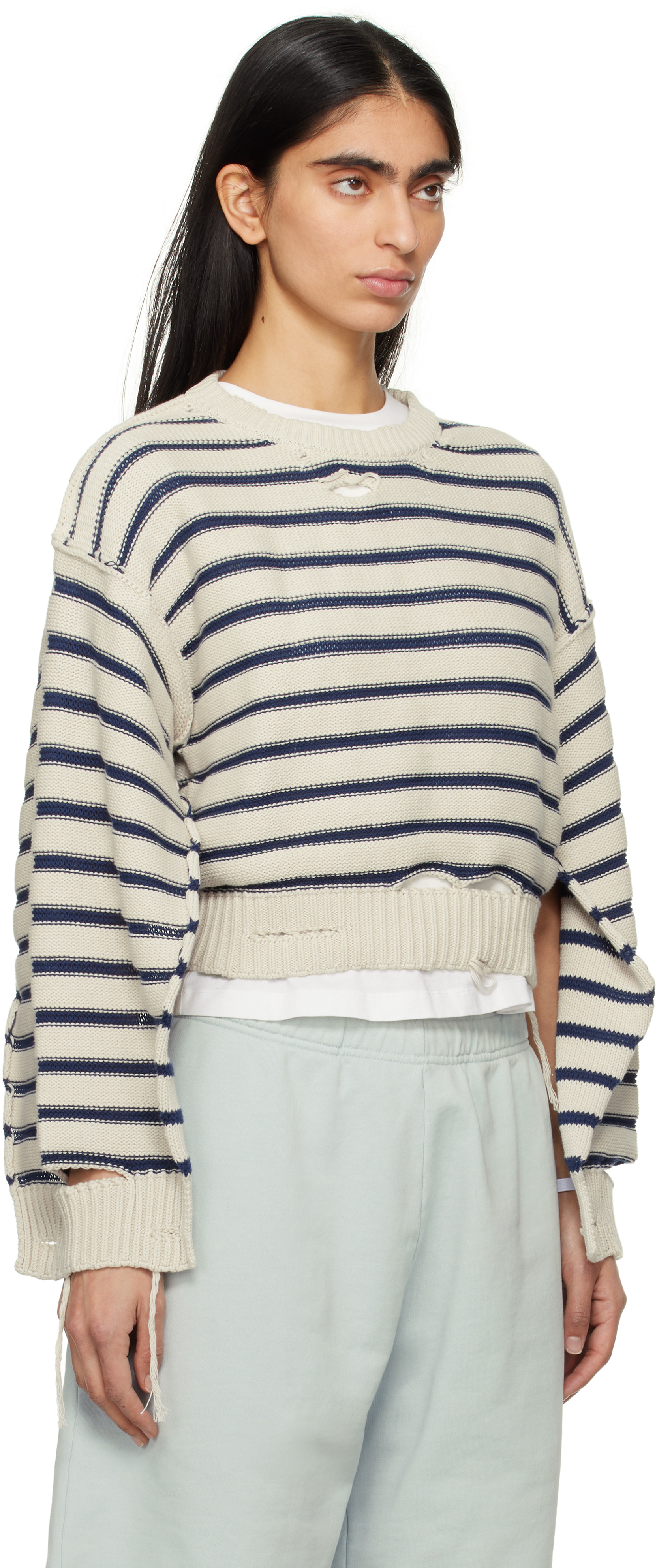 MM6 MAISON MARGIELA OFF-WHITE & NAVY STRIPED KNIT SWEATER