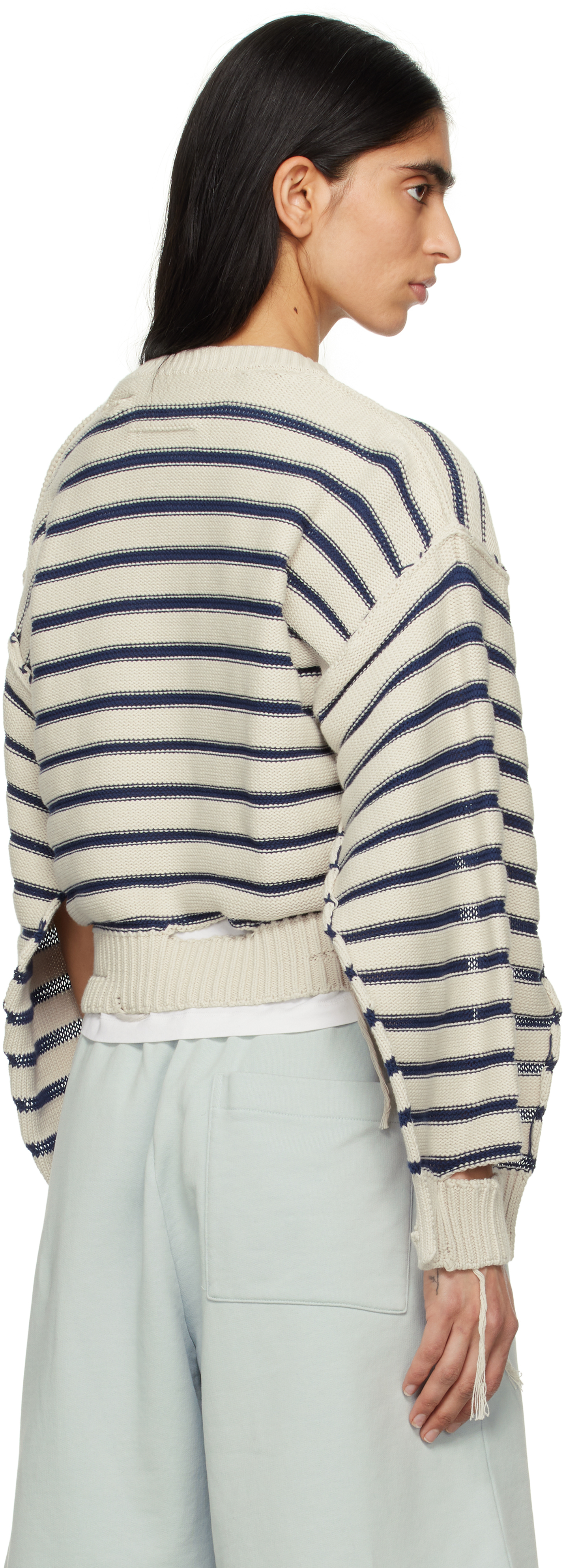 MM6 MAISON MARGIELA OFF-WHITE & NAVY STRIPED KNIT SWEATER