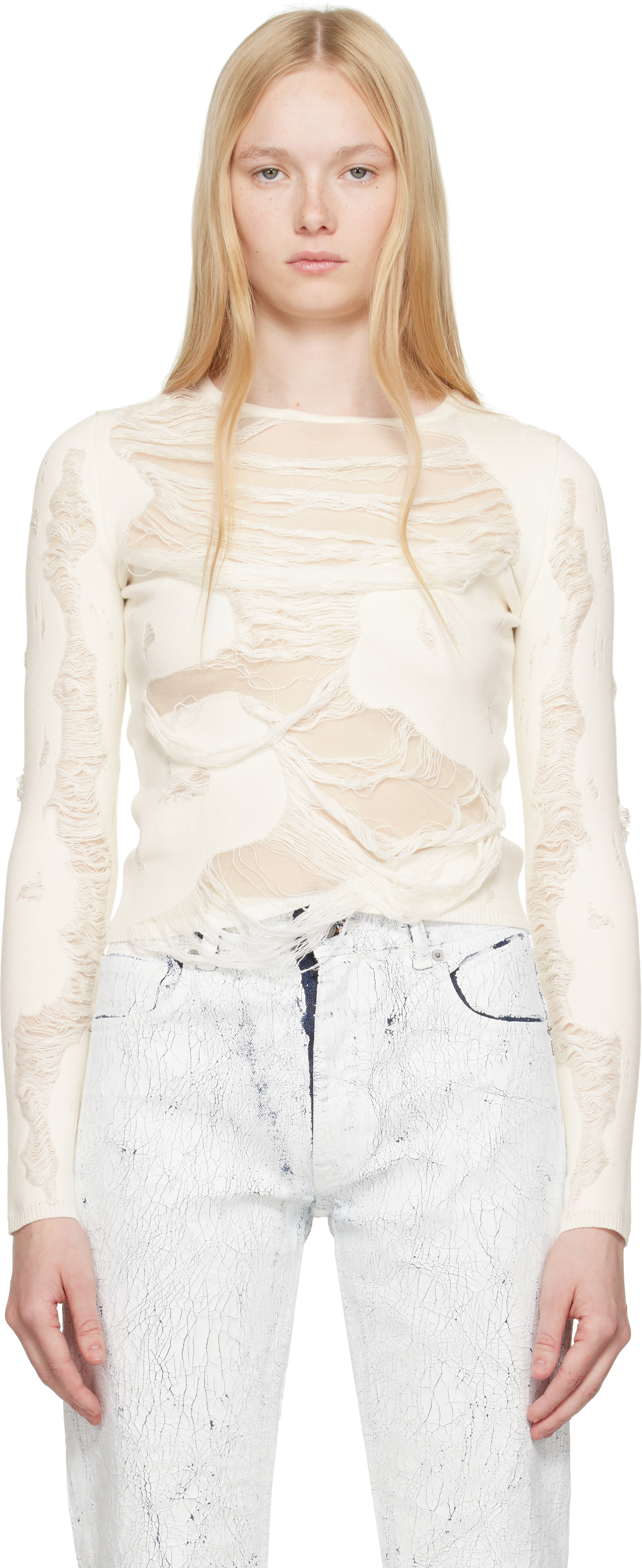 MM6 MAISON MARGIELA OFF-WHITE SLASHED GAUGE 14 CREWNECK SWEATER