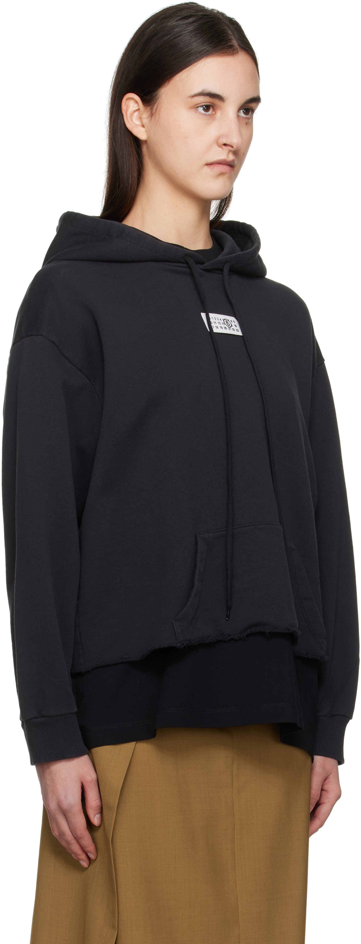 Shop Mm6 Maison Margiela Black Raw Hem Logo Hoodie In 899 Washed Black