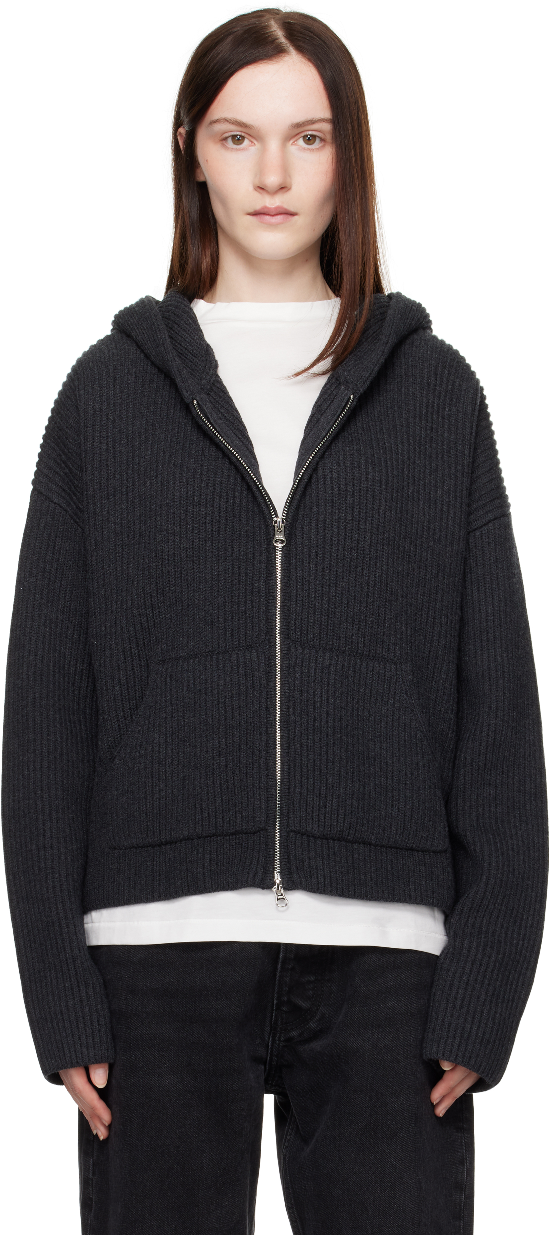 Aya Muse: Gray Knit Zip Up Hoodie | SSENSE Aya Muse: Gray Knit Zip Up Hoodie | SSENSE