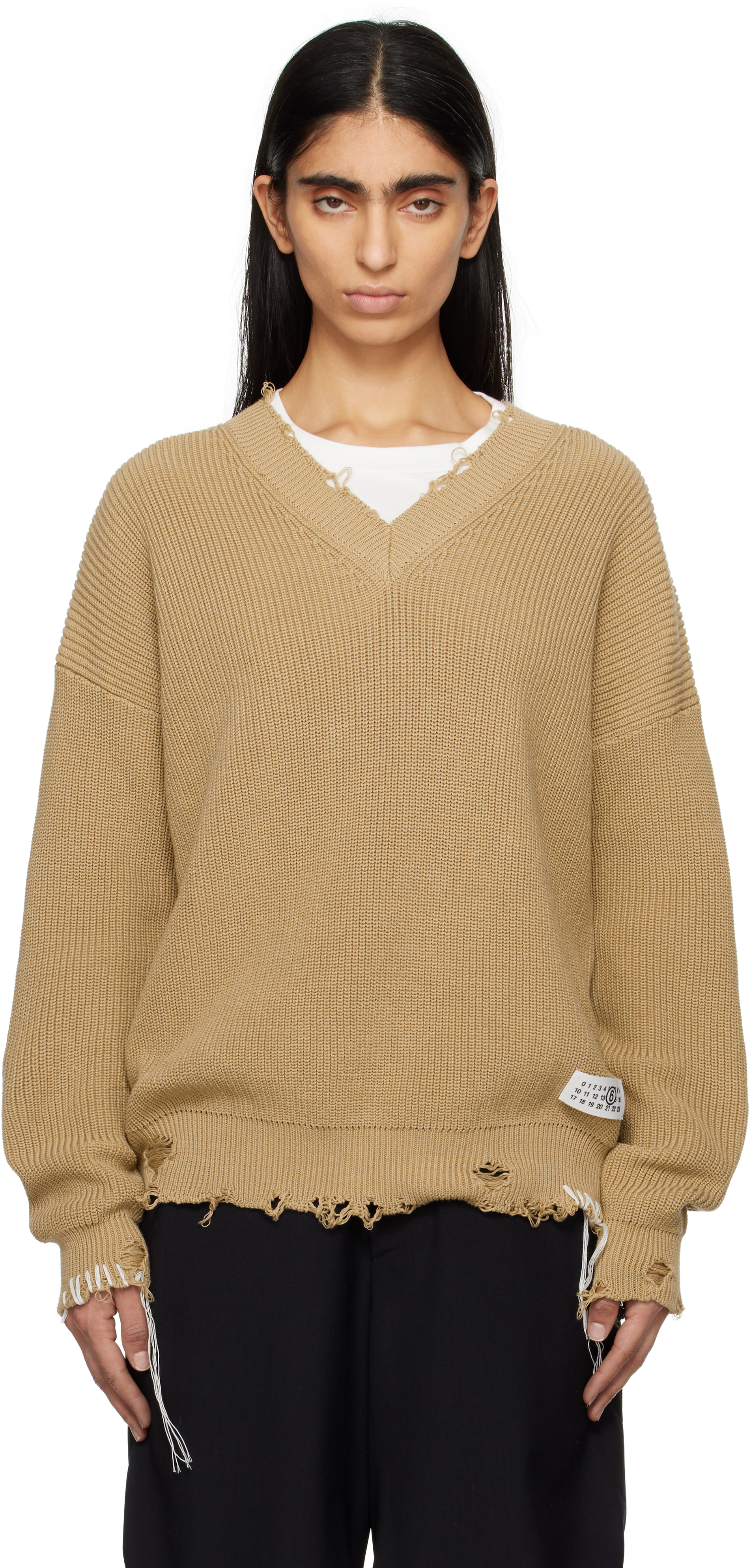 Beige Eaten Knit V-Neck Sweater