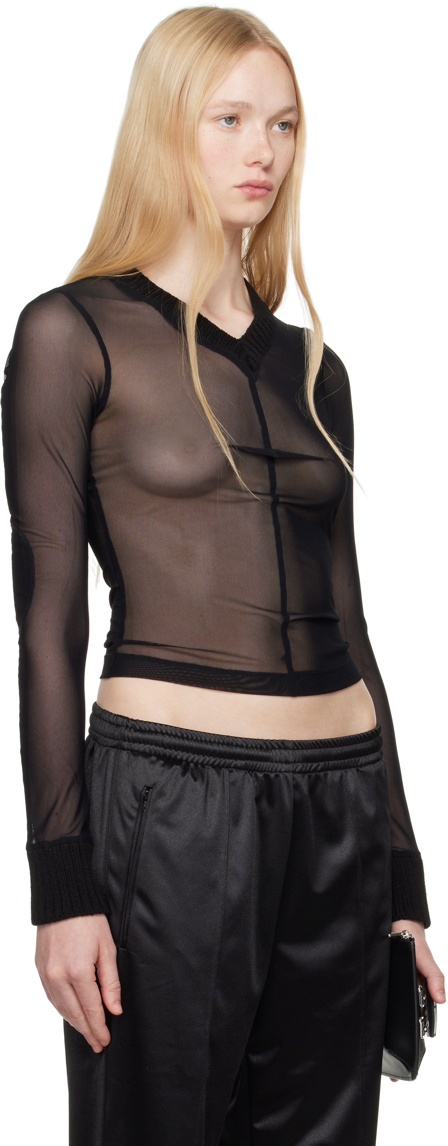 Shop Mm6 Maison Margiela Black Elastic Jersey Mesh Long-sleeved Sweater In 900 Black