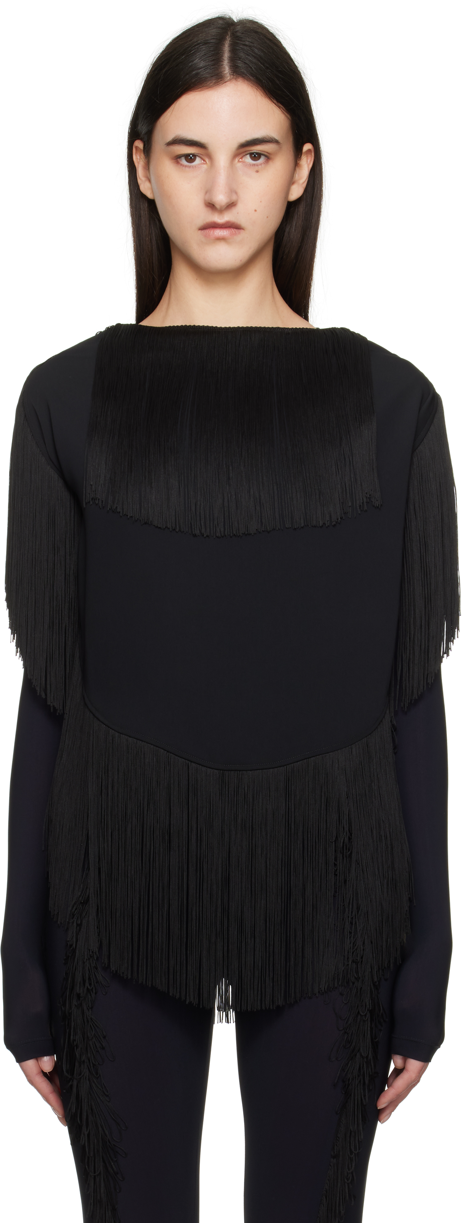 Black Fluid Polyester Fringe Blouse