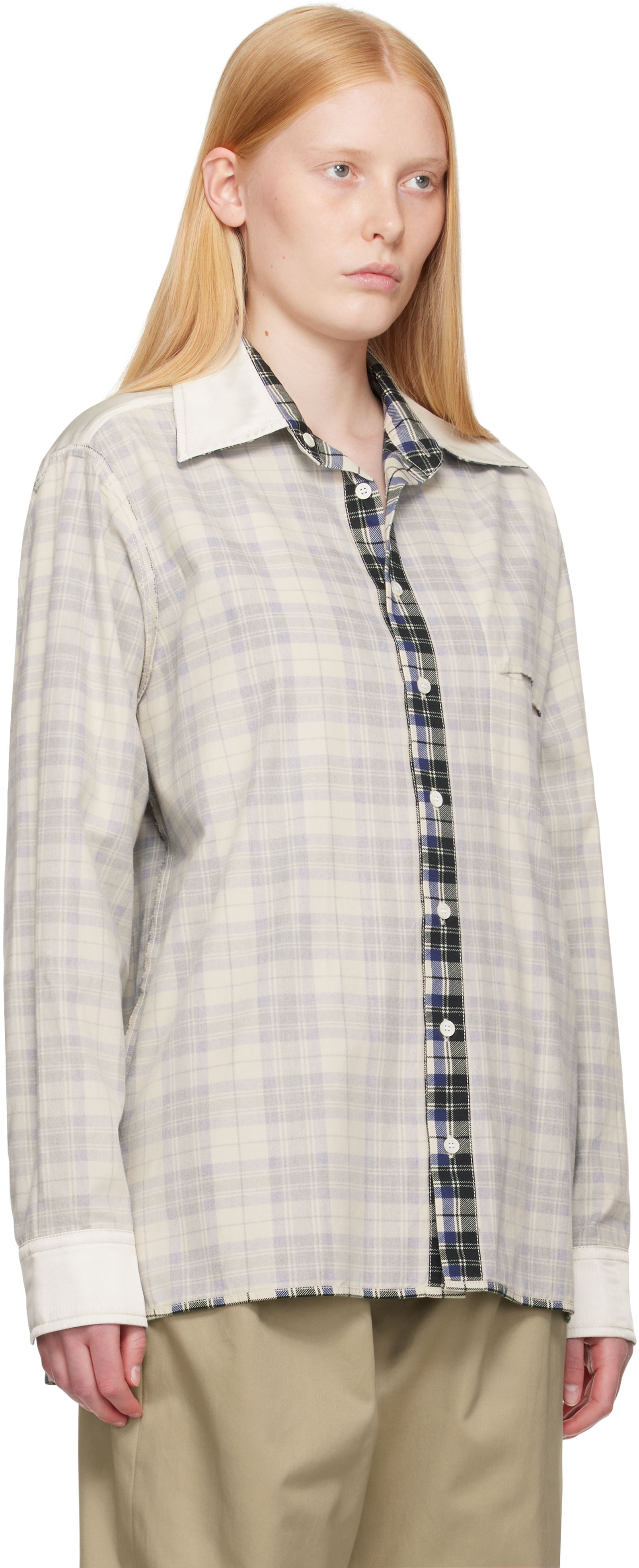 Mm6 Maison Margiela Off-white Check Cotton Long-sleeved Reversible Shirt In Multi