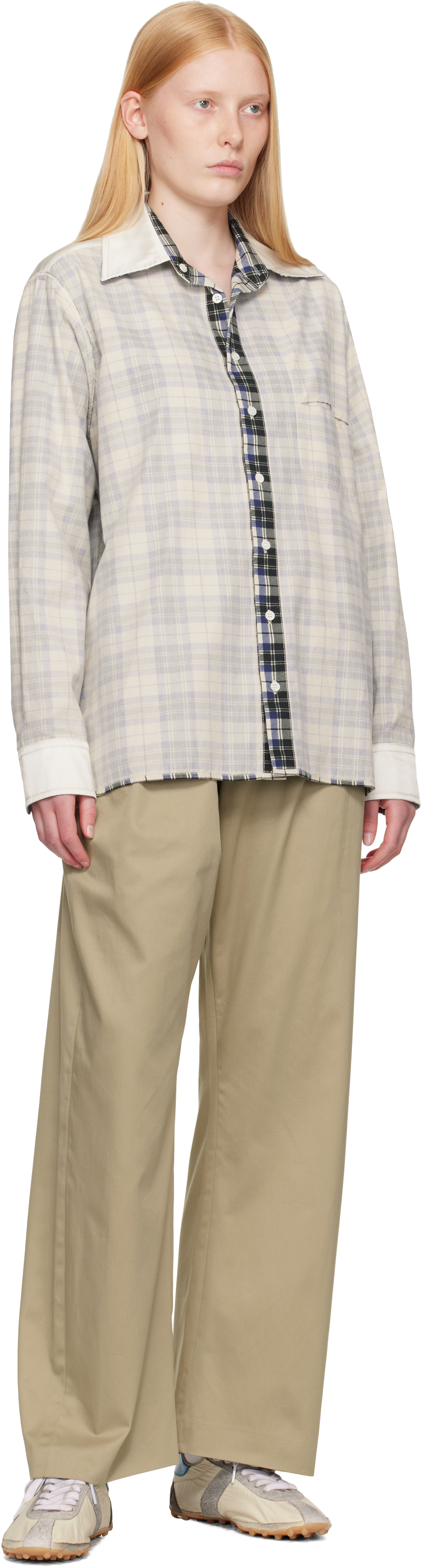 Mm6 Maison Margiela Off-white Check Cotton Long-sleeved Reversible Shirt In Multi