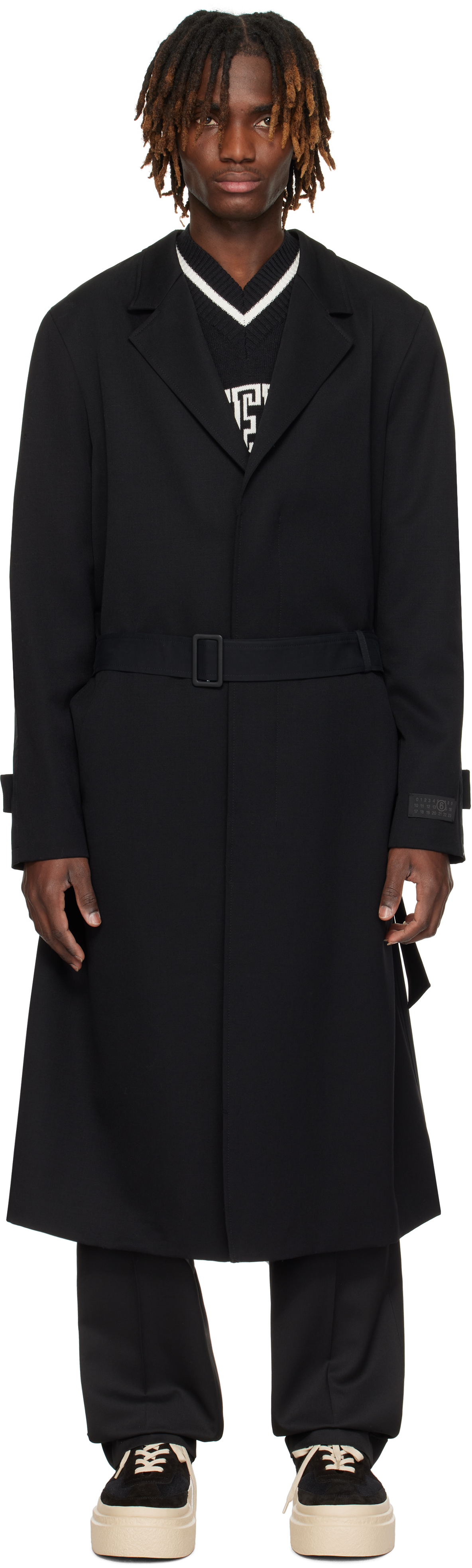 Black Wool & Cotton Gabardine Trench Coat